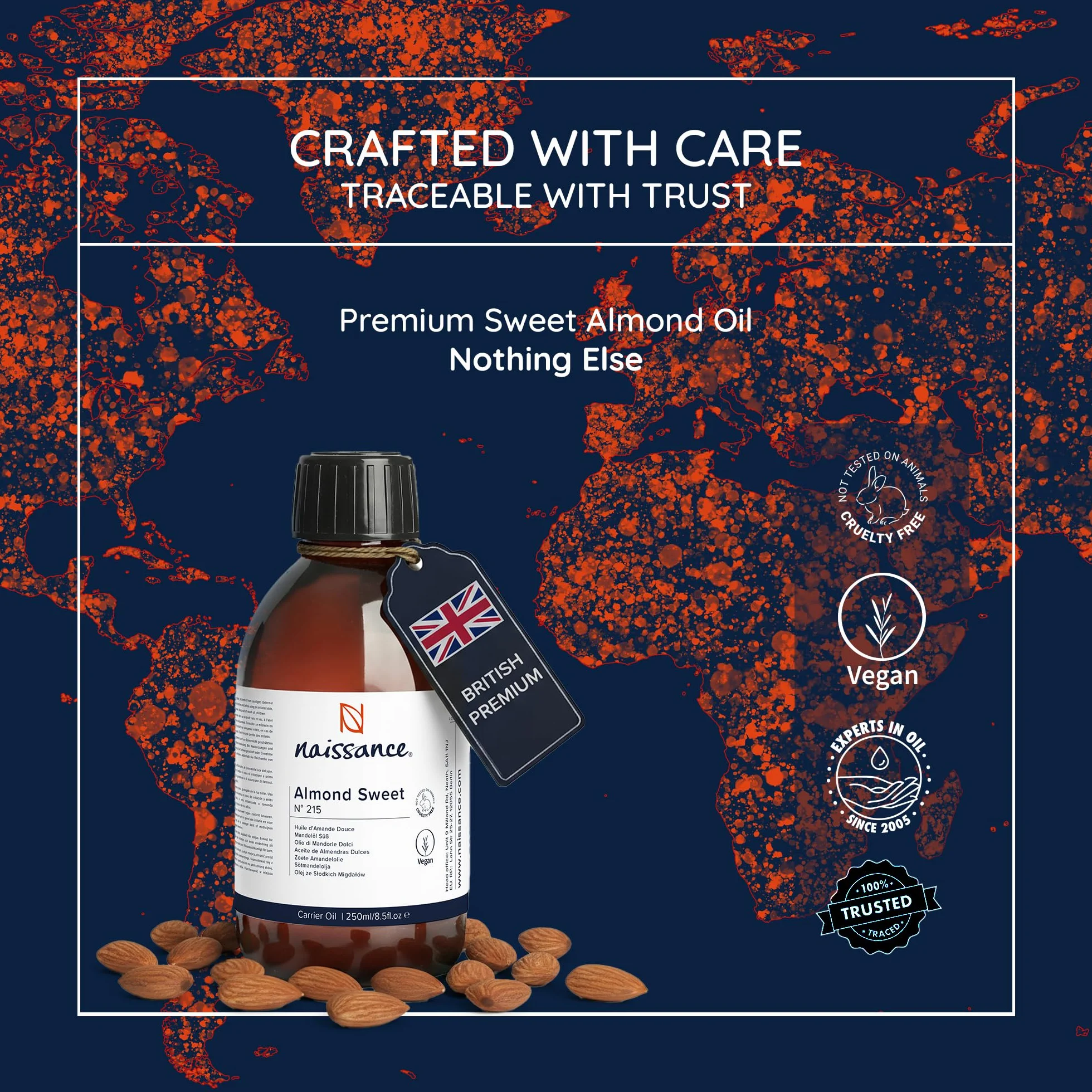 Naissance Aceite De Almendras Dulces Prensado en Frio 250ml - Hidratante y Emoliente para Cuidado de Cara, Pelo, Uñas, Cuerpo