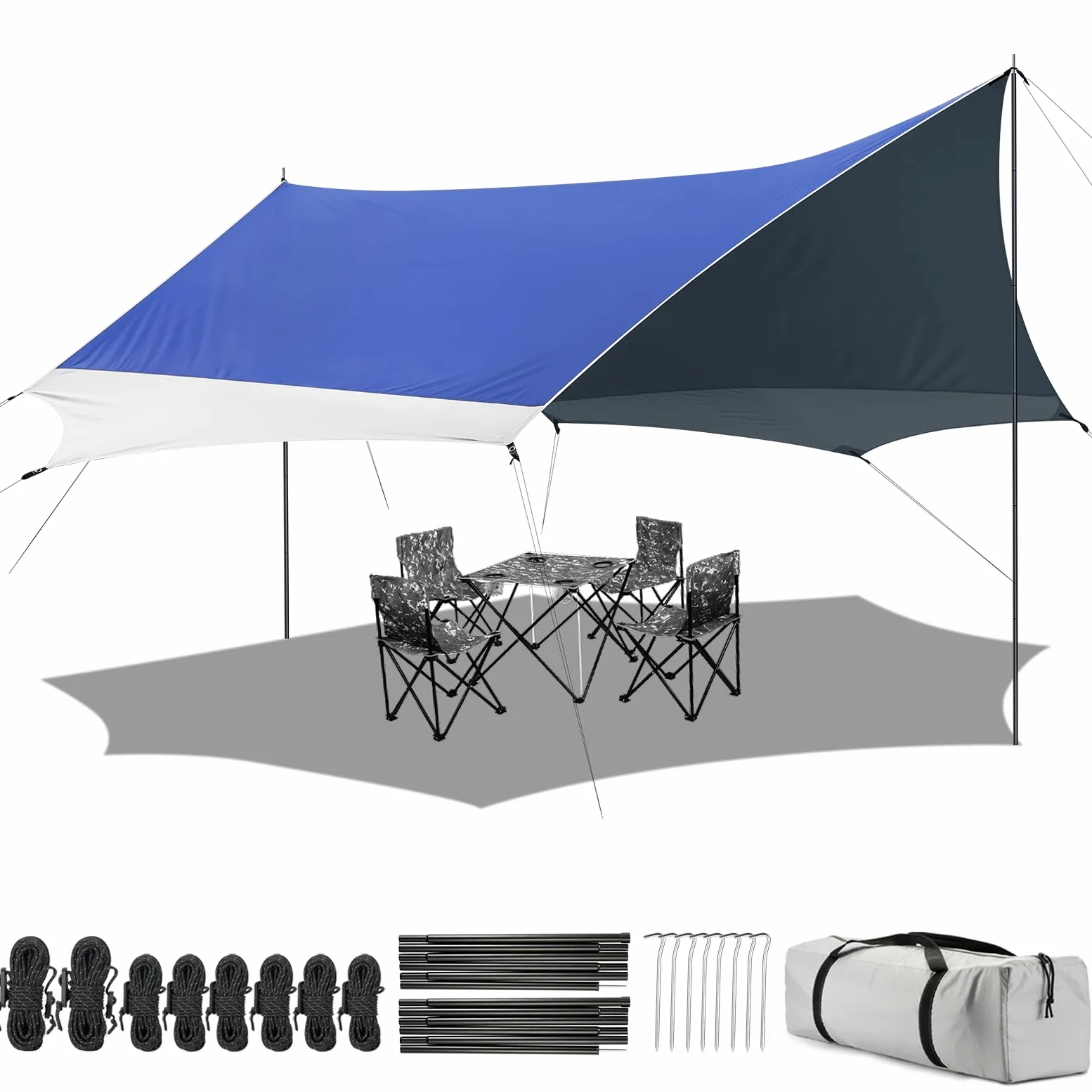 Toldo de Camping con 2 Postes, 3.7 x 4.3 m, toldo Impermeable PU2000+, UPF 50+, Revestimiento Plateado, Lona Impermeable con Ojales para Camping, mochileros, Senderismo