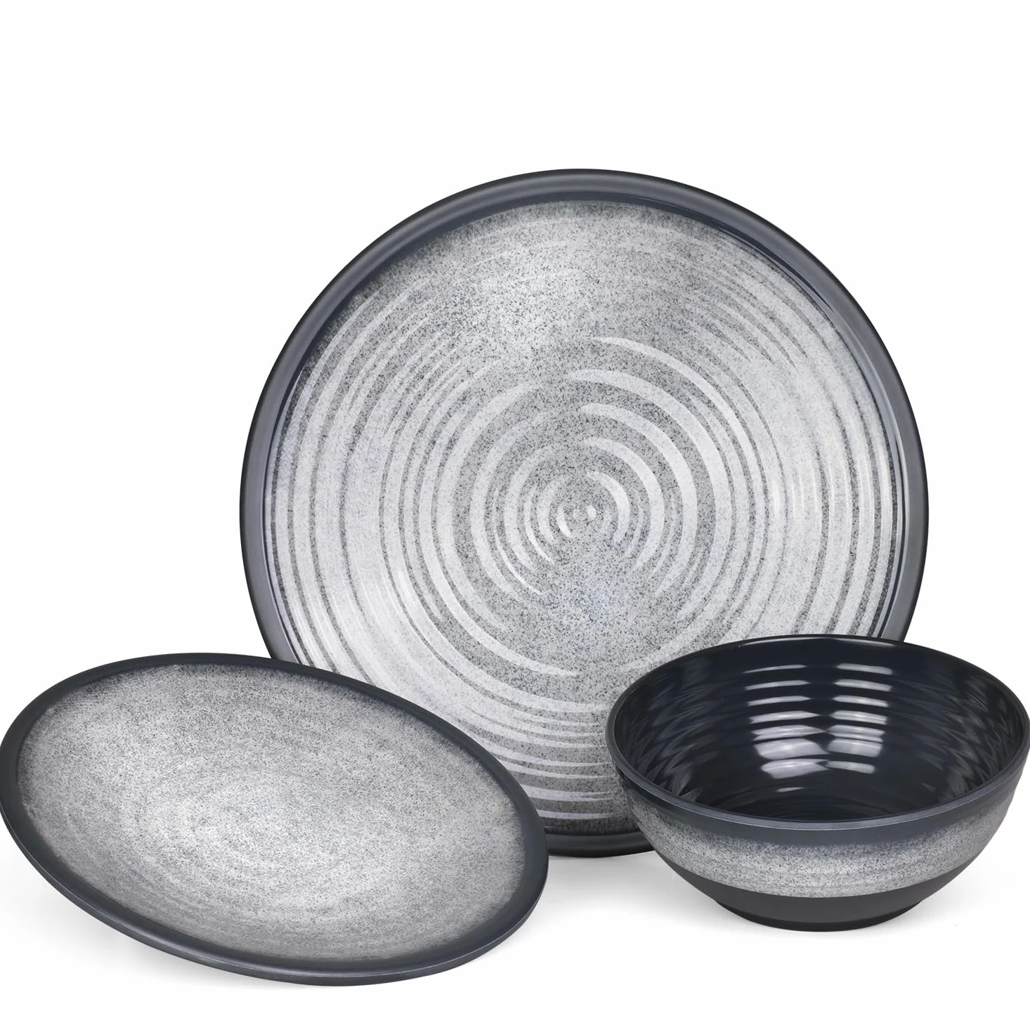Vajilla de melamina para camping, 4 personas, color gris piedra + 4 vasos de champán Milano