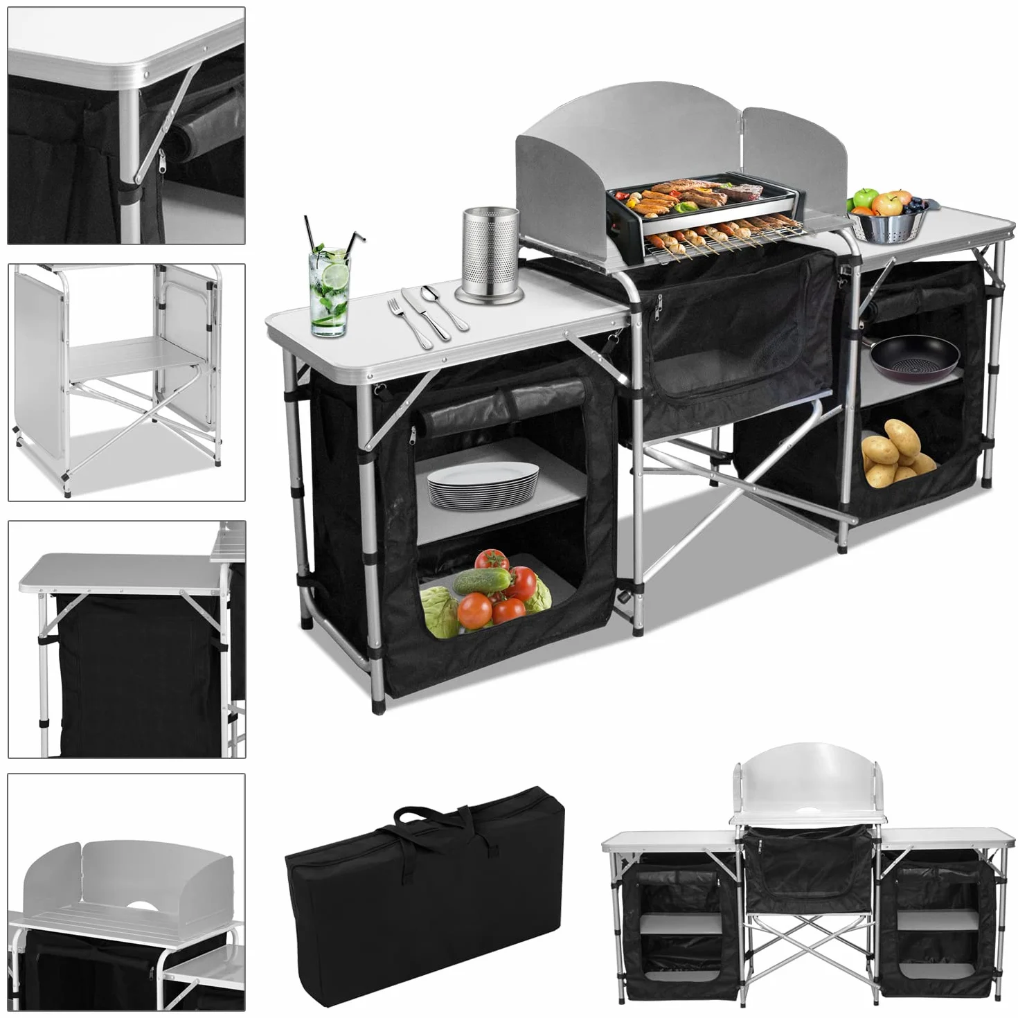 Cocina de Camping con Protección contra Salpicaduras, Armario de Camping con Bolsa de Transporte y Marco de Aluminio, Armario de Cocina Plegable de Altura Ajustable