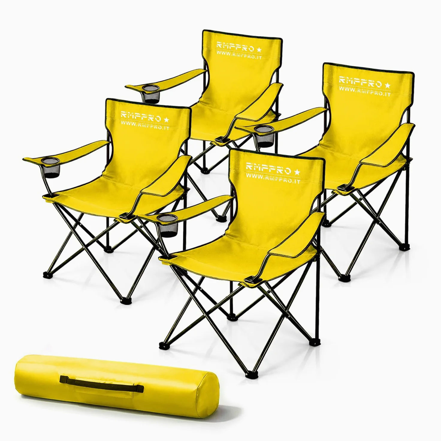 Set de 4 Sillas Camping Plegable con Asiento Cómodo y Relajante, Silla de Playa Portátil con Posavasos - Silla Mar y Jardín, Tejido Ligero Transportable Silla de Exterior Amarillo