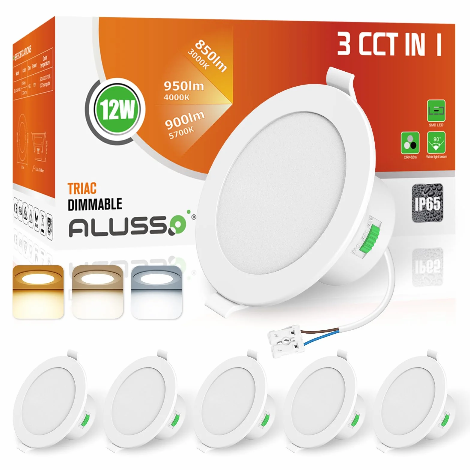 ALUSSO Downlight LED Techo Empotrable Regulable 10W IP65 3000K 4000K 5700K Ajustable φ70-80mm 12 Pack