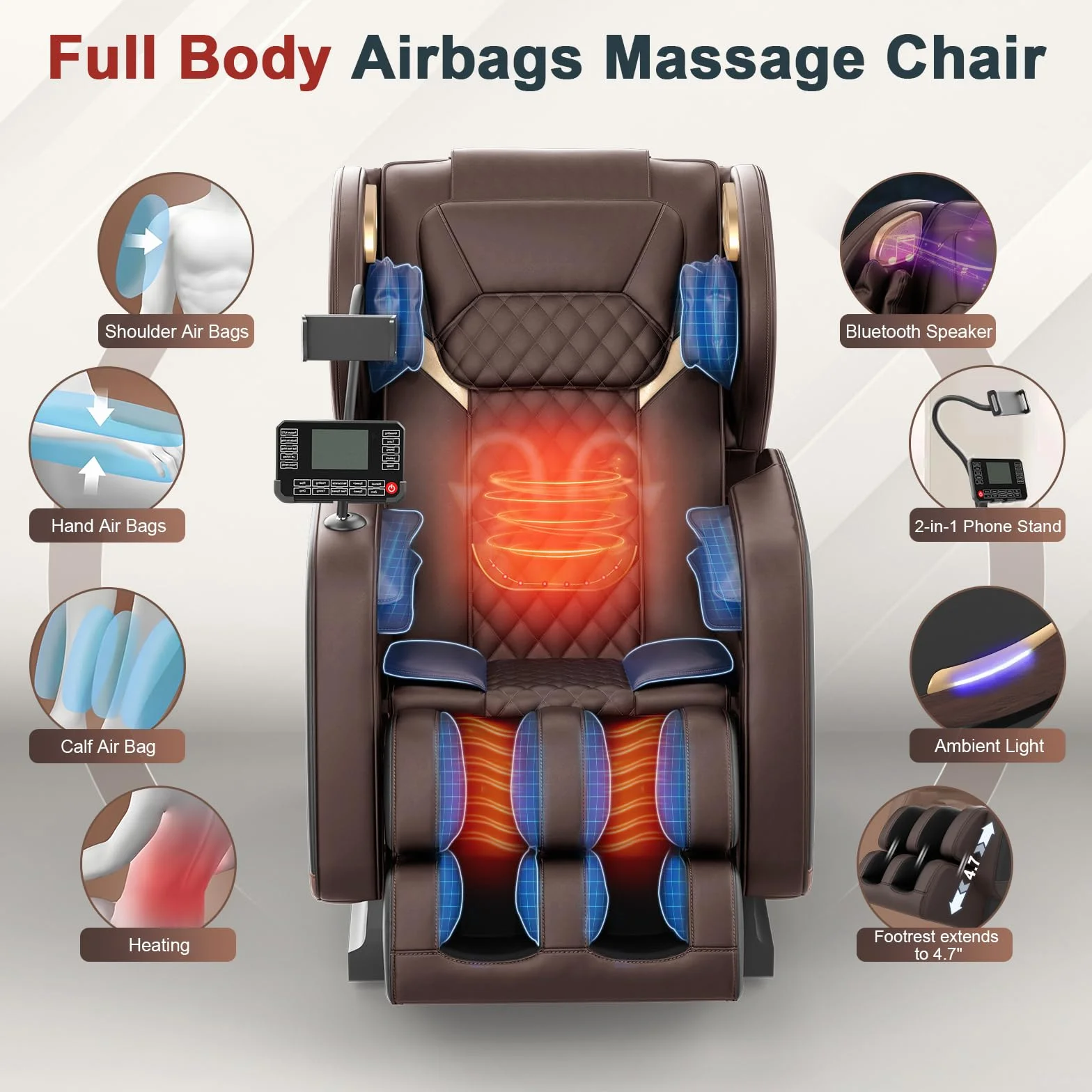 Sillón de Masaje Reclinable de Cuerpo Completo con 14 Rodillos, 8 Bolsas de Aire, Calefacción y Bluetooth