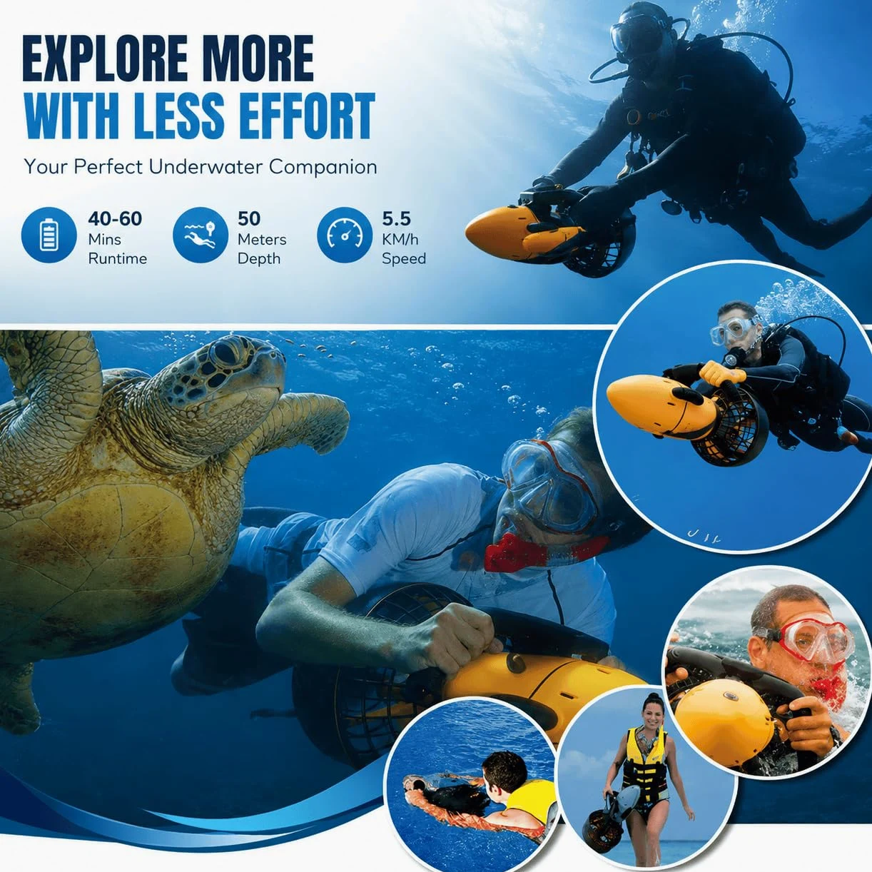 Vehículo Submarino de propulsión Buceo Sea Scooter, Seascooter De 500 W | Hélice de Buceo de 5,4 km/h, Scooter de Buceo Impermeable de Larga duración para Buceo, natación y fotografía submarina