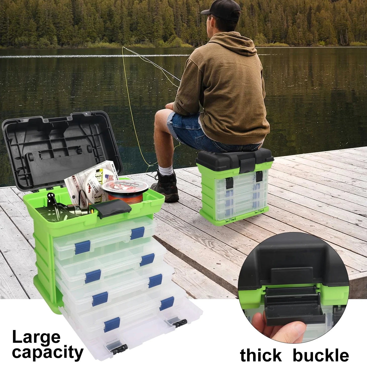 Caja de aparejos de pesca, caja de pesca de 4 capas, cajas de aparejos, almacenamiento superior de acceso rápido con tapa para equipo de pesca y accesorios, (verde) KUKLIPJIM