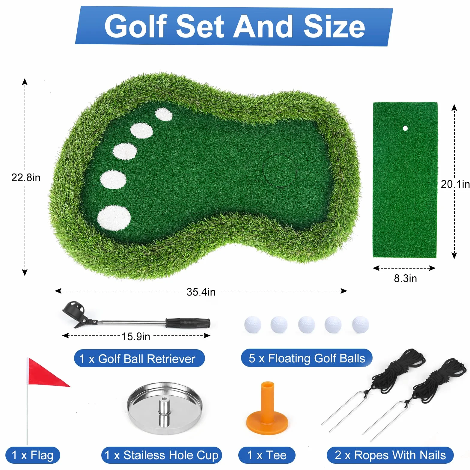 Juego de golf flotante verde para piscina, tapete verde flotante con recuperador de bolas para piscina/lago, juego de golf flotante para golfistas
