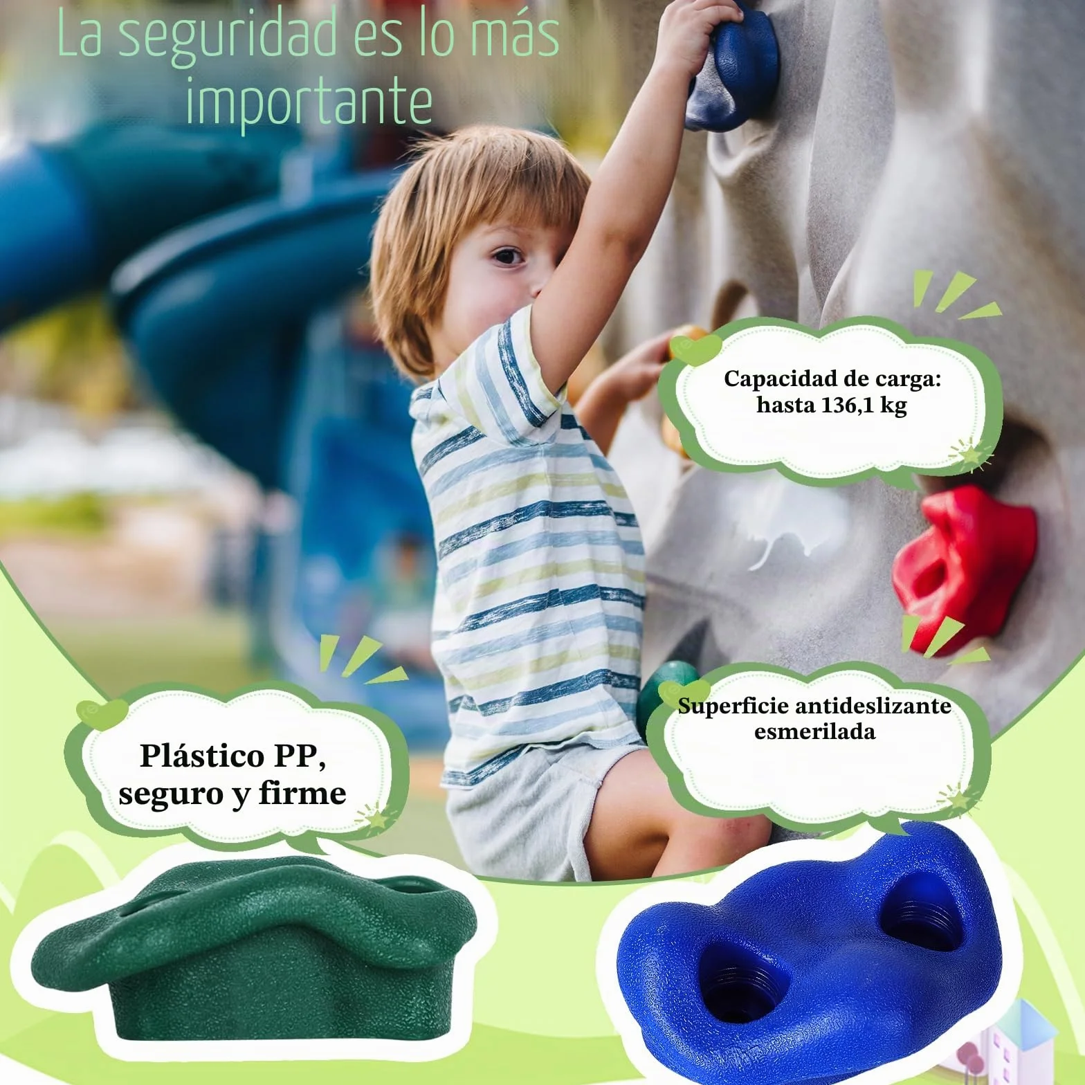20 Piezas Presas Escalada Niños, Piedras escalada al Aire Libre | Soportes Escalada Accesorios con 270 cm Cuerda Escalada Anudada y 2 Agarraderas Verdes para Juegos Infantiles Interior y Exterior