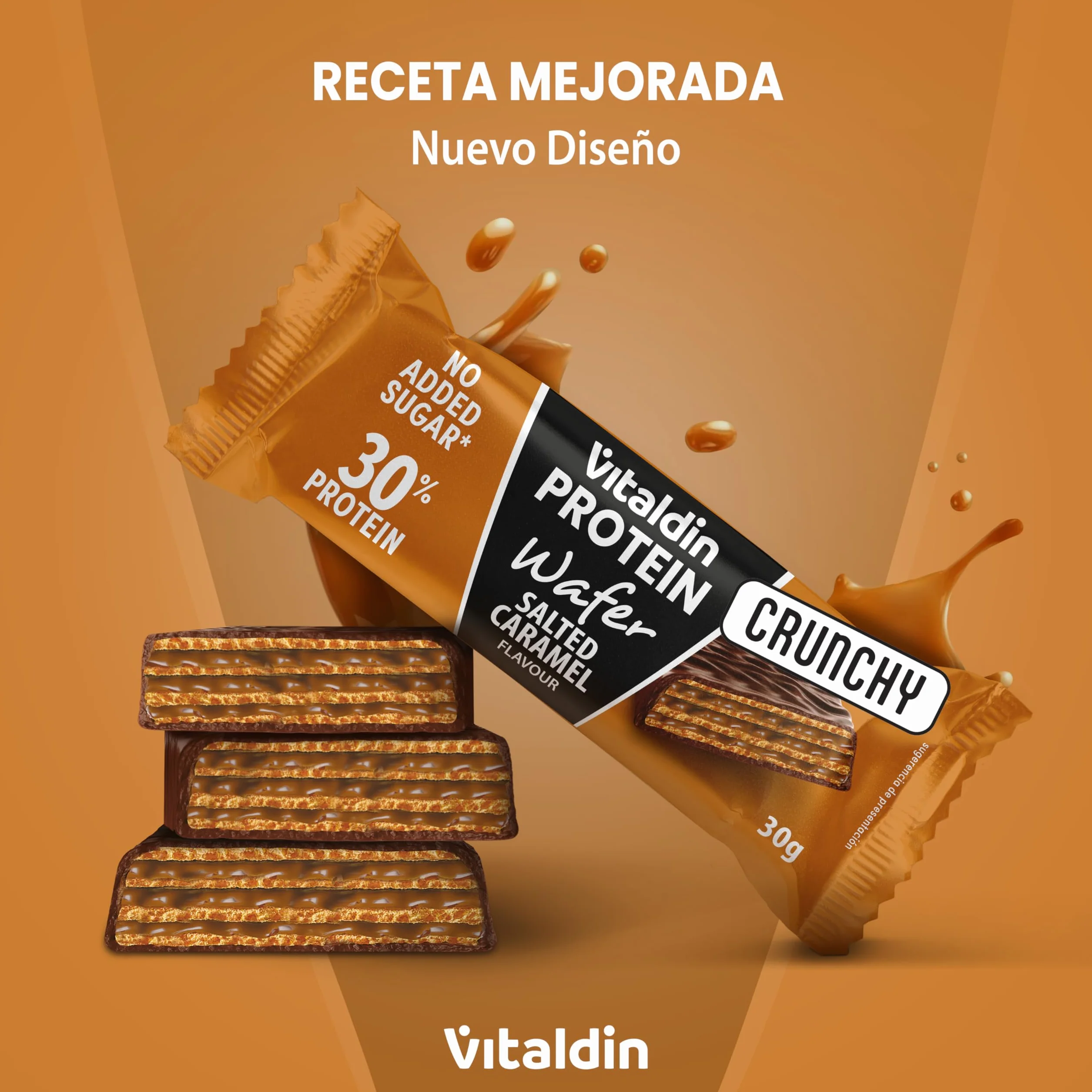 VITALDIN Protein Wafer 30% Caramelo salado Barritas Proteicas sin Azúcares Añadidos Colágeno Hidrolizado