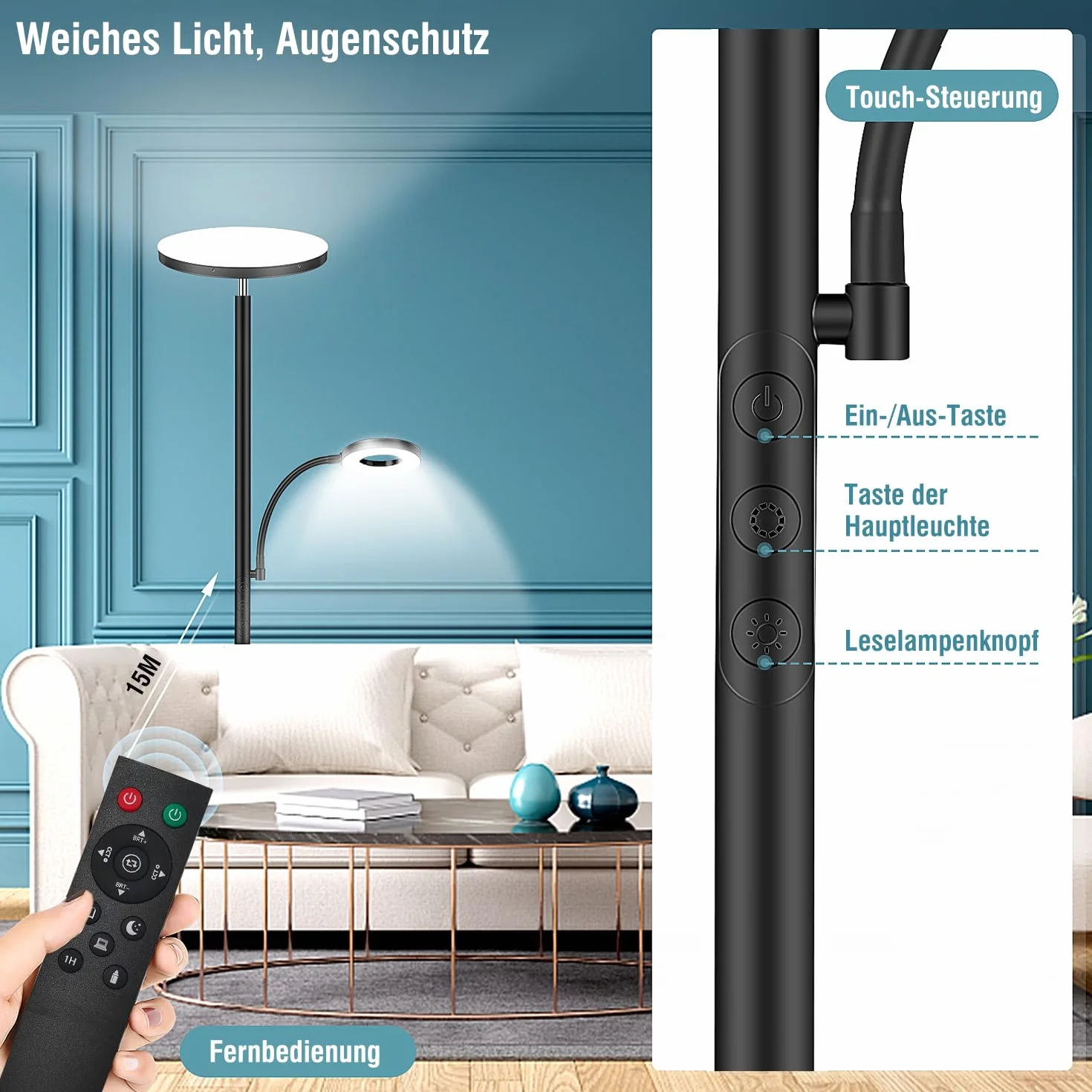 Yikuneng Lámpara de Pie LED Regulable 42W 4500LM con Control Remoto y Táctil