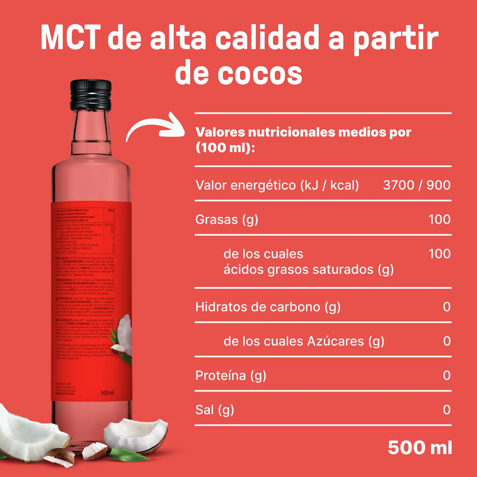 BRAINEFFECT Aceite MCT 100% C8 1000 ml Botella metálica protectora