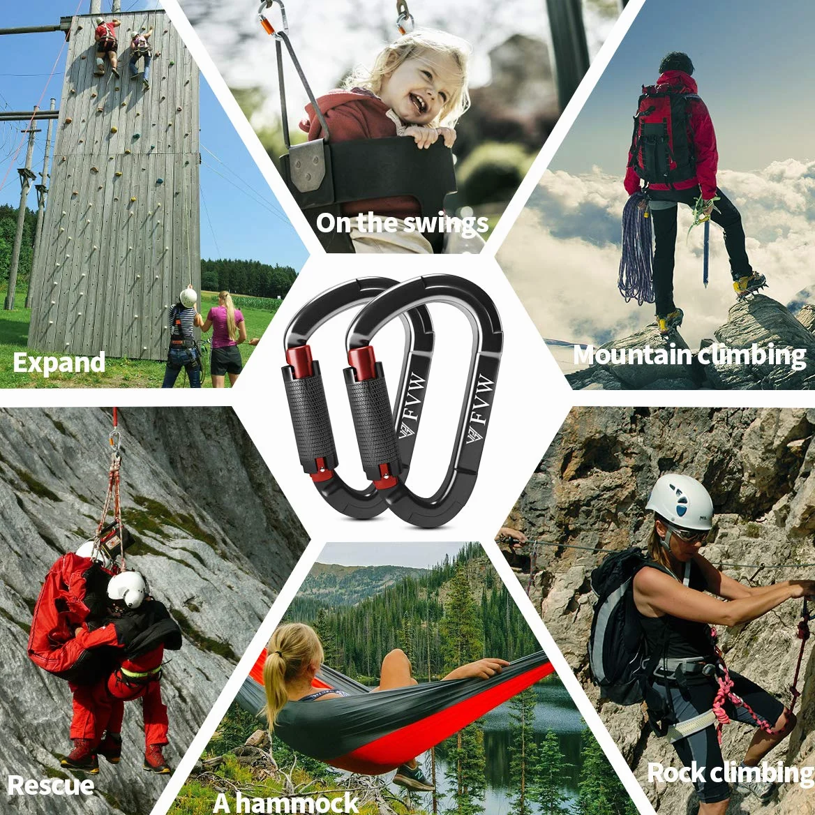 Mosquetón de Escalada con Bloqueo automático, Profesional de 25 KN (2,549.2 kg), caribeaners Resistentes para Rappel, Columpio, Rescate y Gimnasio, etc., mosquetones Grandes en Forma de D