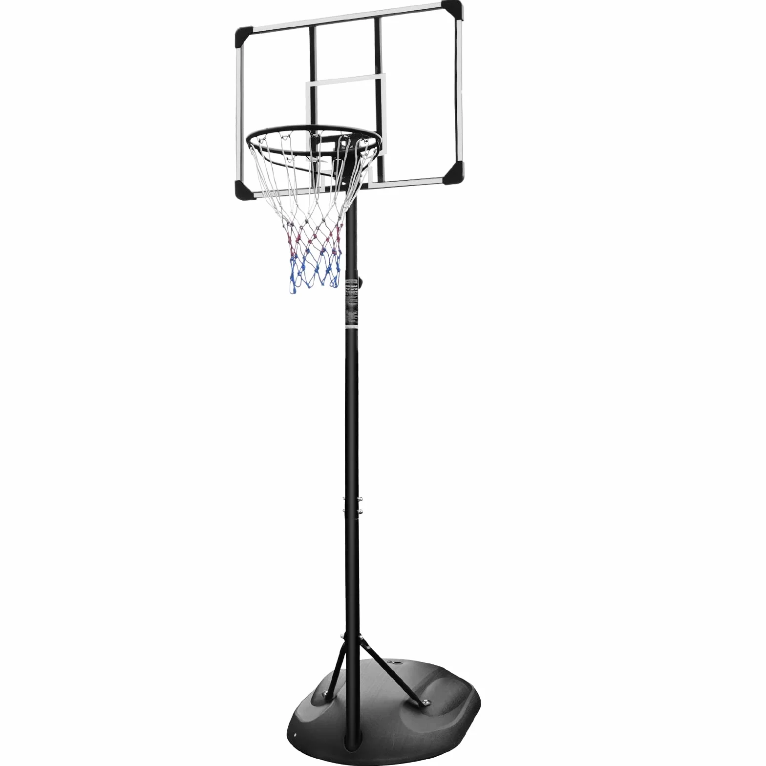 Sistema de aro de baloncesto portátil de altura ajustable 7-9 pies tablero transparente 32 pulgadas ruedas interiores exteriores 230-280 cm
