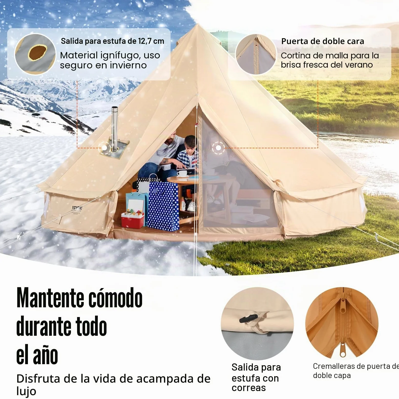 VEVOR Tienda de campaña de lona para 4 estaciones, tienda de campaña de lona para acampar con gato de estufa, tienda de campaña transpirable que sostiene a las personas, camping familiar al aire libre