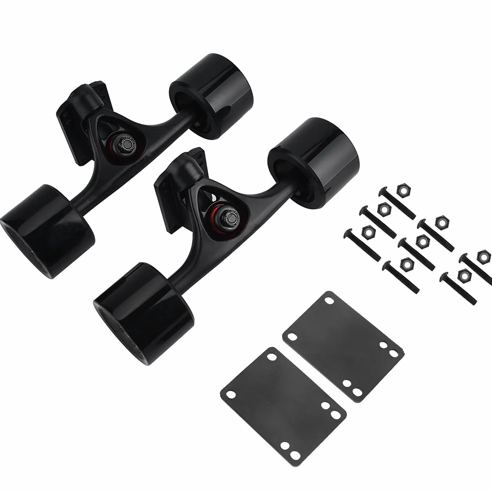 Alomejor Skateboard Truck Combo Set -2pcs Skateboard Truck + 4pcs Skate Wheel + 2pcs Riser Pad Cojinete + 8 Longboard Pernos + 8 Patineta Tuerca(Black Shaft Black Wheel)