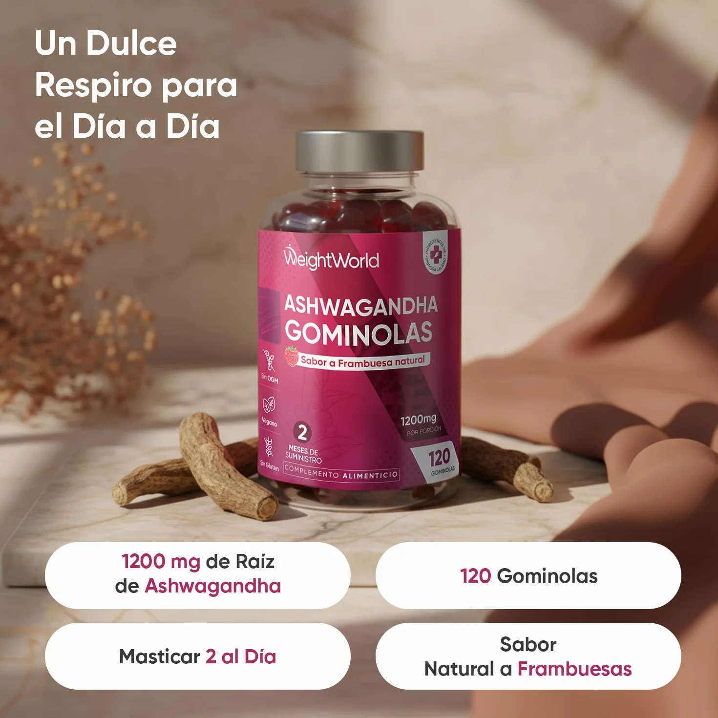 Ashwagandha Gominolas 1200mg 120 Gomitas Veganas Sabor Frambuesa Suplemento Ayurveda Withania Somnifera Sin Gluten OGM