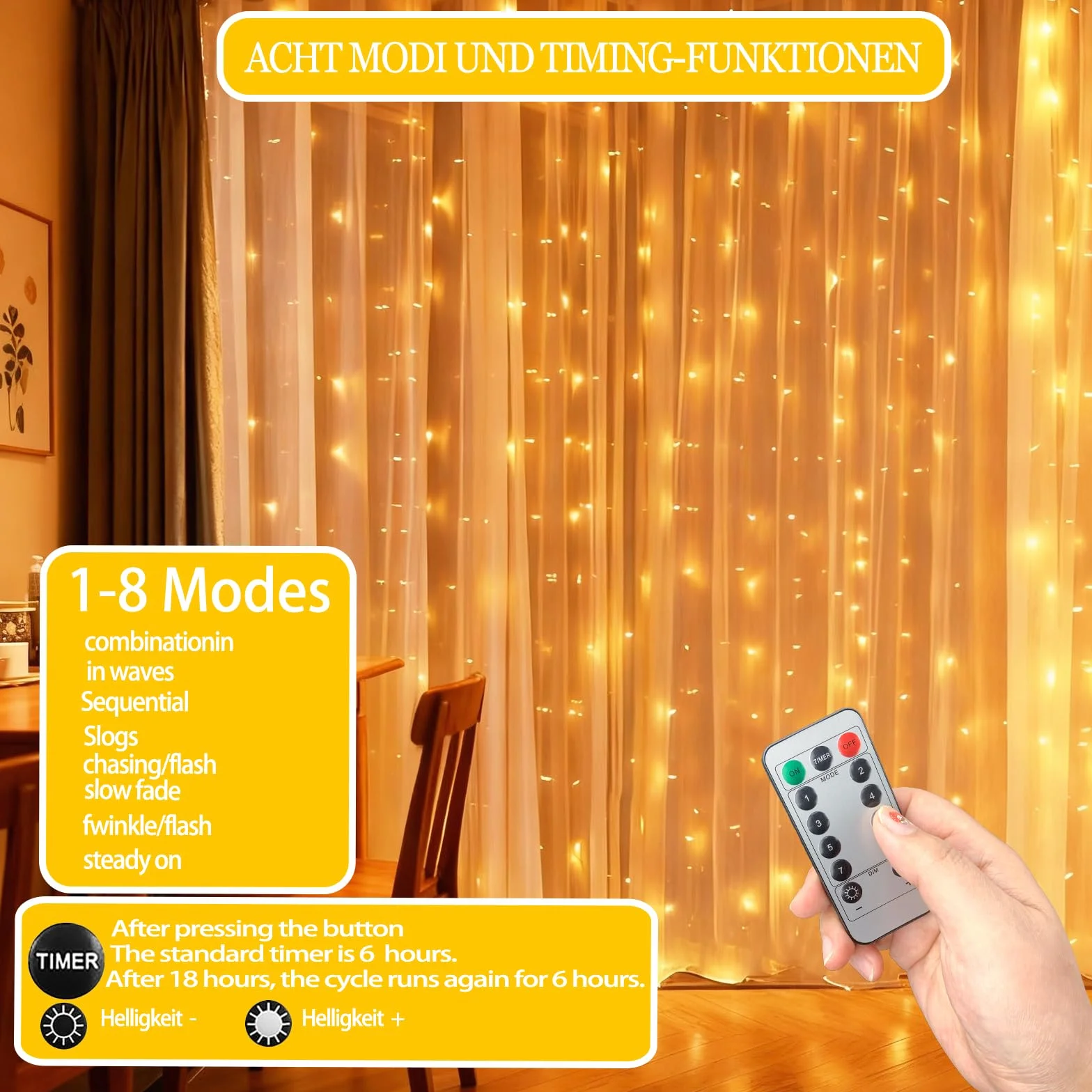 CNMTCCO Cortina de Luces 300 LED 3x3m 8 Modos con Remoto USB Resistente al Agua