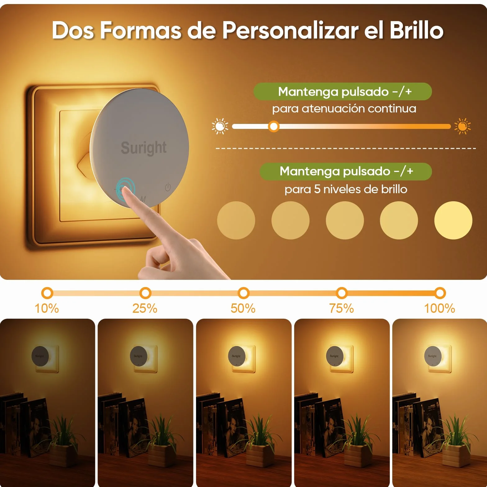 Luz Nocturna con Sensor de Movimiento, 2 Piezas, Blanco Cálido, 3 Modos, Brillo Ajustable, Control Táctil