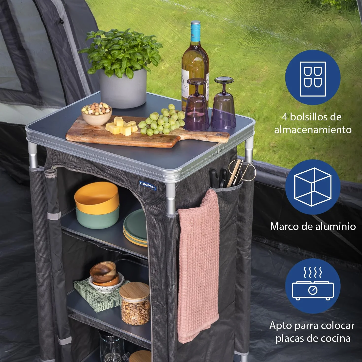 CAMPART Travel CU-0719 Armario de Camping Nice, Tres Compartimentos, Estructura de Aluminio, 97 cm de Altura, Unisex, Gris