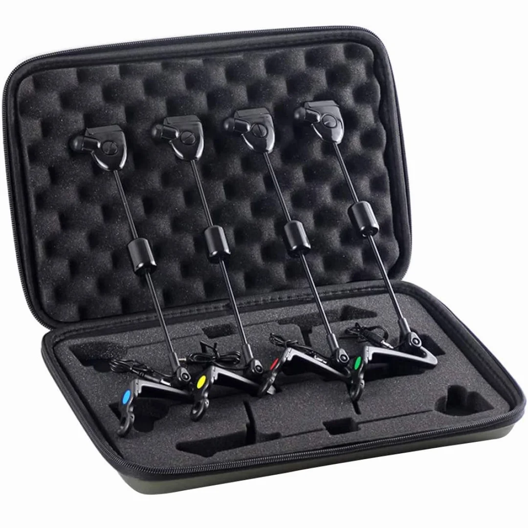 NIDONE Alarma de mordedura indicadora iluminada de Pesca, Alarma de Pesca LED Indicador Iluminado Herramientas de Pesca de Carpas Accesorio en Estuche con Cremallera Negro 4pcs