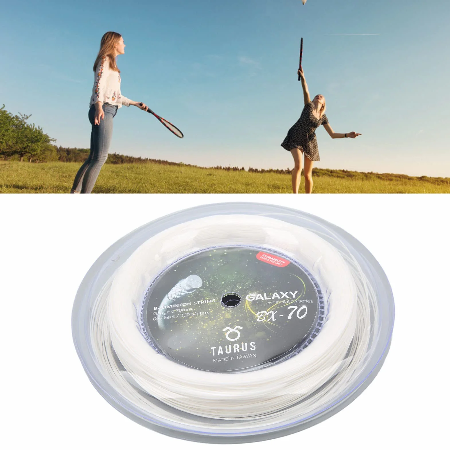 Keenso Cuerda de Raquetas de Bádminton POWERTI BX70, Cuerda de Raqueta de Bádminton de Nailon de Alta Elasticidad, Cuerda de Bádminton de 0,7mm, Carrete de 200m (Blanco)