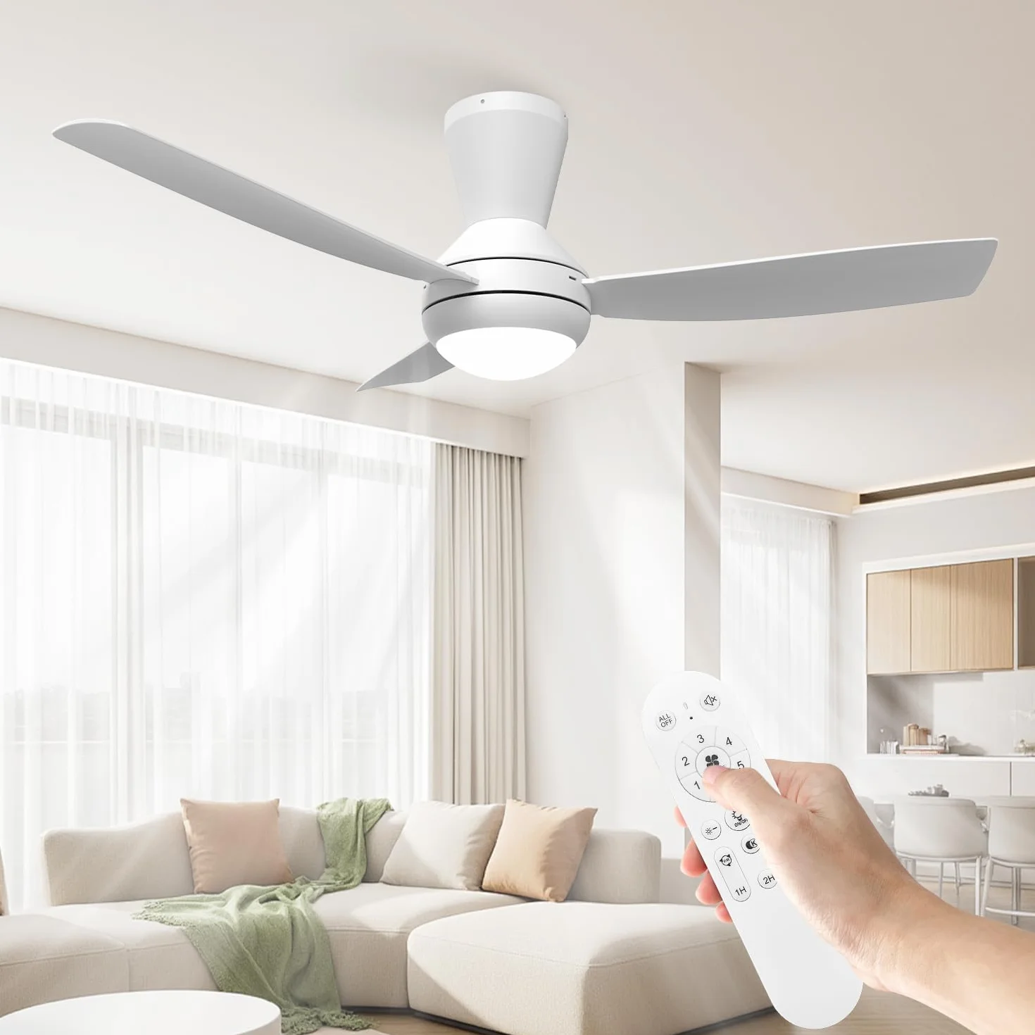 Airwit Ventilador de Techo 106cm con Luz LED Regulable, 3 Aspas, Silencioso, Mando, 6 Velocidades, Blanco