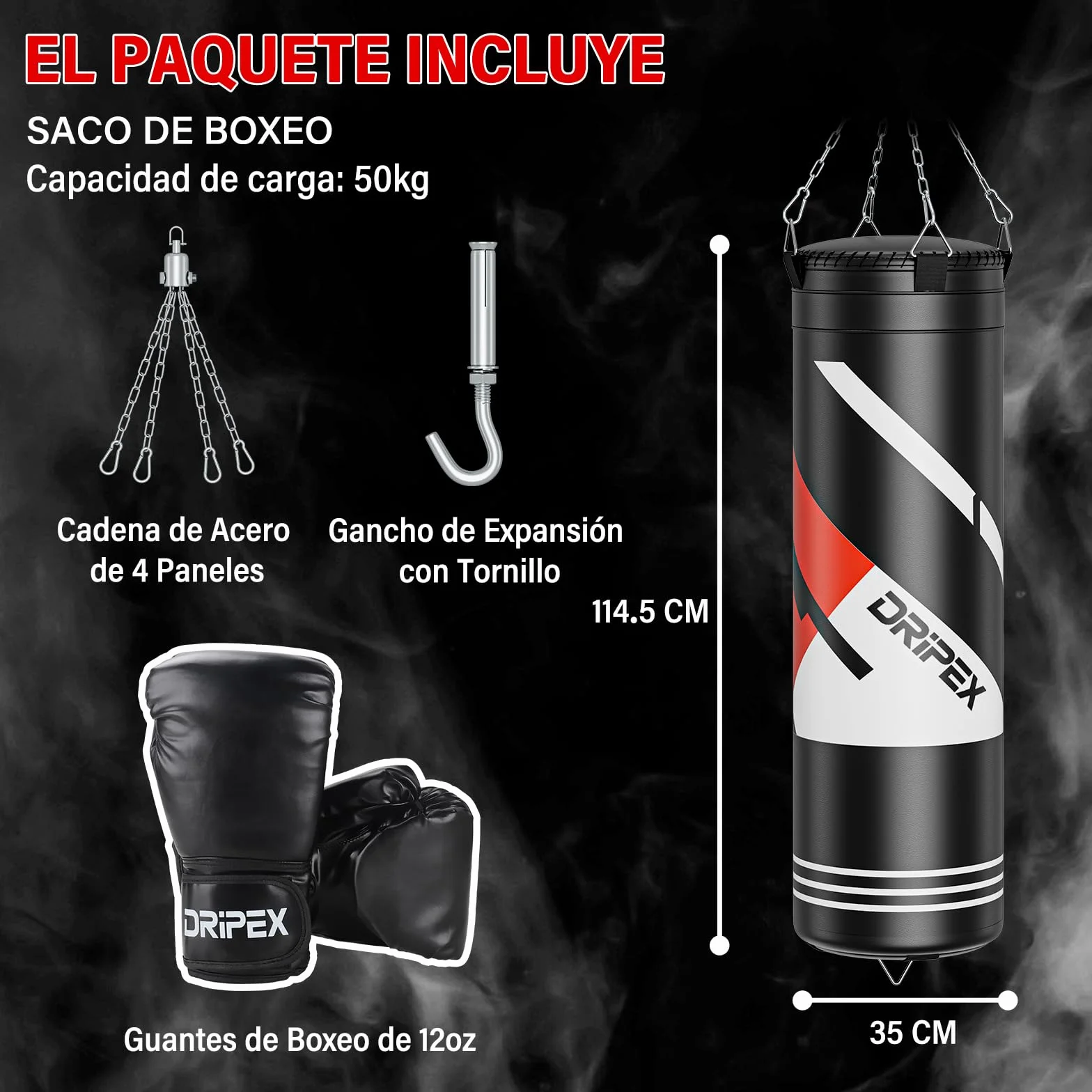 Dripex Saco de Boxeo Colgante para Adultos, Equipo de Entrenamiento de Saco Boxeo con 12oz Guantes, Cadena de Acero Giratoria de 360° para Kárate Kickboxing Muay Gimnasio en Casa