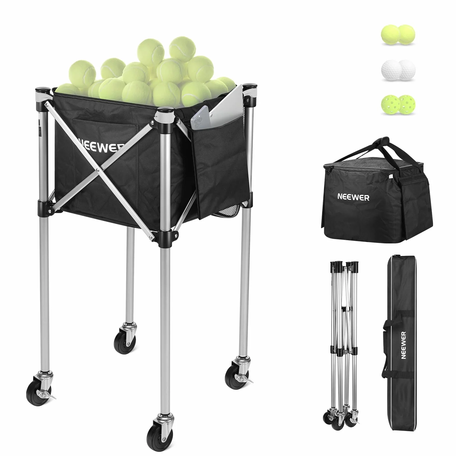NEEWER Contenedor de Pickleball con Ruedas, Plegable Poliéster Picker Upper Hopper Carrying Basket Cart Holder con Bolsillo Lateral