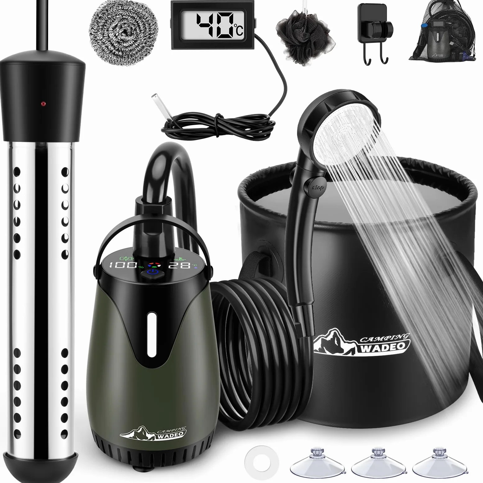 WADEO Ducha de Camping con batería de 6000 mAh, Bomba y depósito de Agua de 20 l, Kit de Ducha para Exteriores con función de Calentamiento, Ideal para Viajes, Lavado de Coches, y emergencias