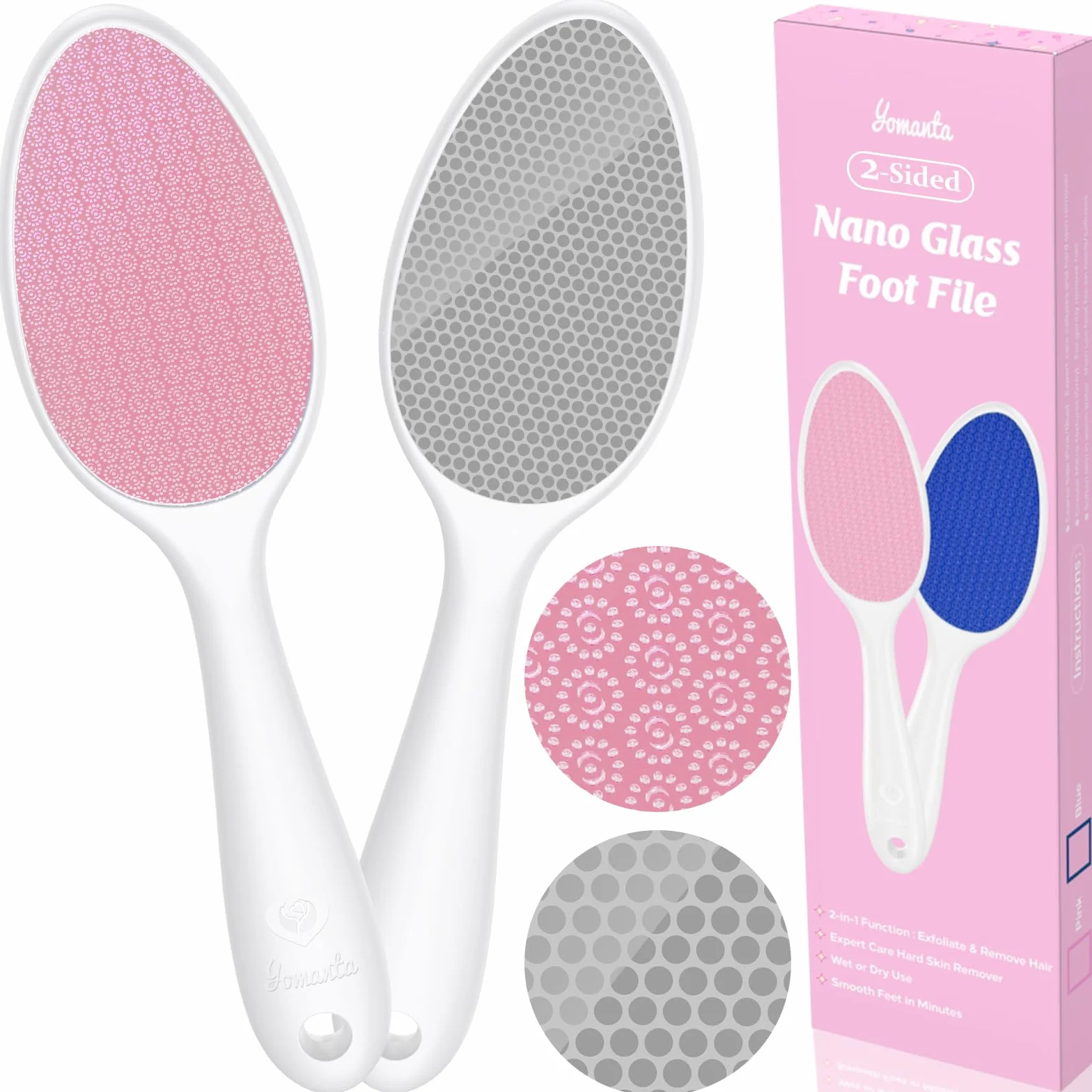 Lima Para Pies Nano Vidrio 2 en 1 - Foot File Profesional con Mango Largo, Elimina Durezas y Callosidades, Uso Húmedo/Seco - Rosa