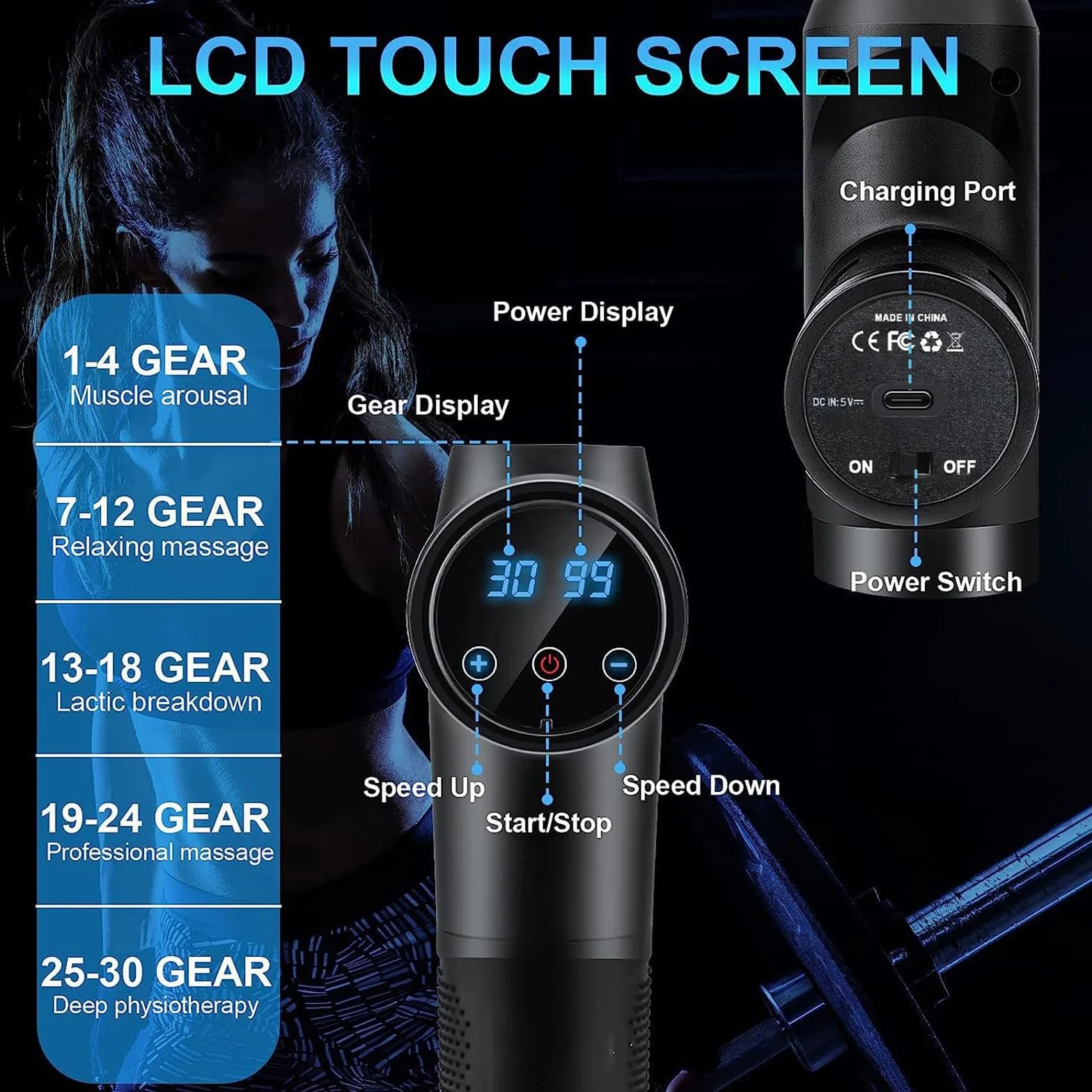 Pistola de Masaje Muscular Profesional con 30 Velocidades, Pantalla Táctil LCD, 10 Cabezales, Negro