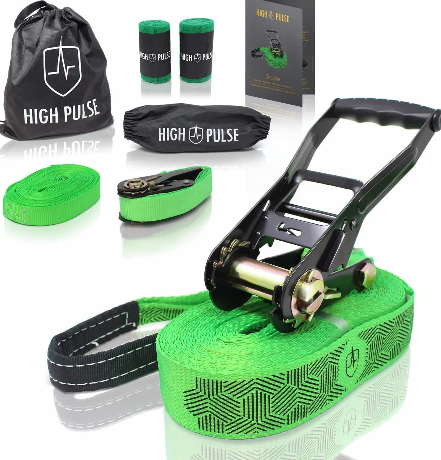High Pulse Slackline Incl. Instrucciones | 15 m – Set de Slackline con Tensor, Protección de tensores, Cuerda Auxiliar para Principiantes, Protectores de árbol y Bolsa de Transporte
