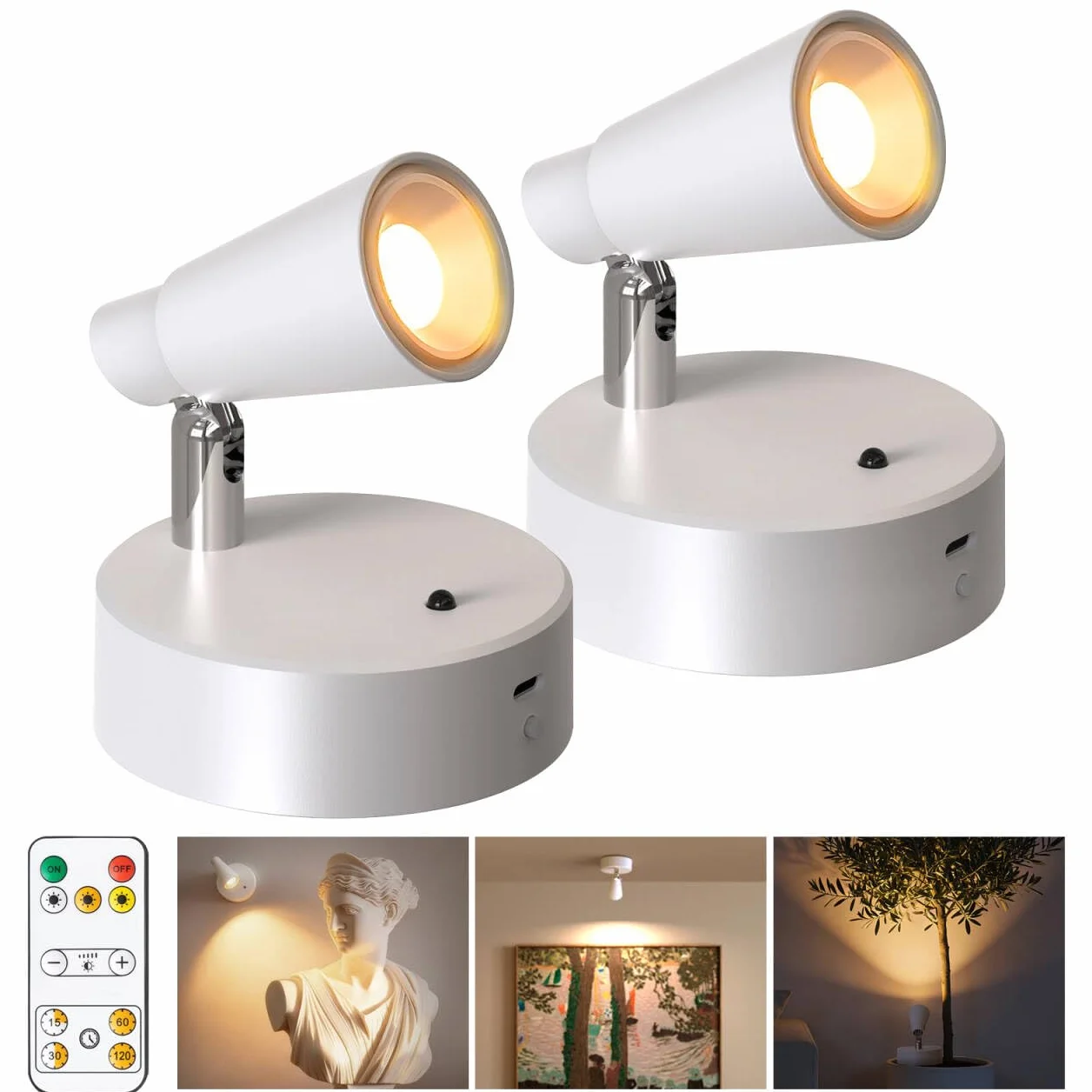Lámpara de pared LED Recargable 5000mAh 2Pack USB 350° Giratorio 3 Colores Control Remoto Táctil