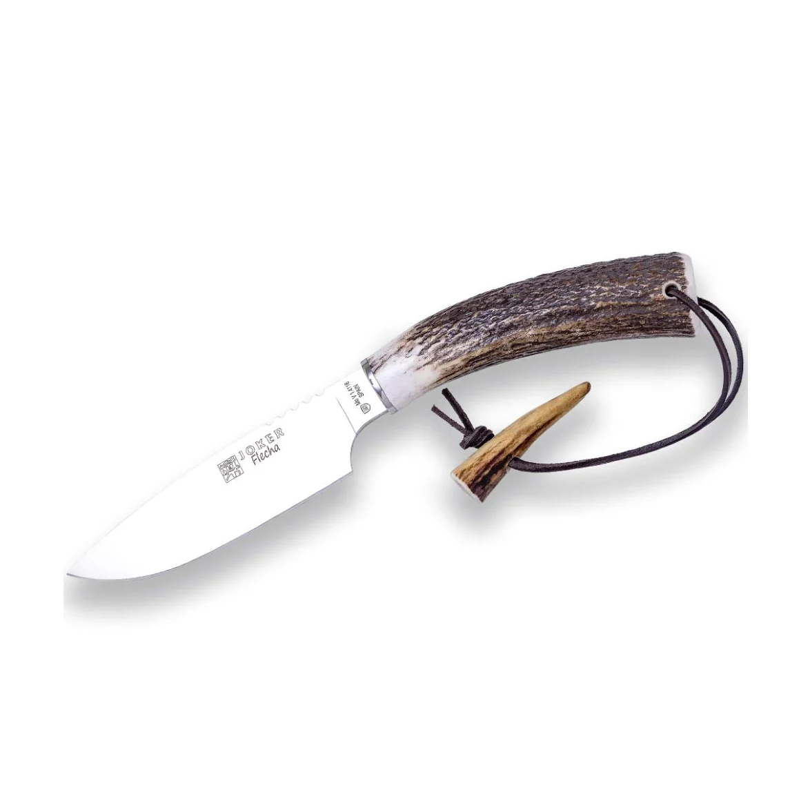 Joker Cuchillo de Caza Flecha CC107, Mango de asta de Ciervo, Hoja de 12,5 cm, cruceta INOX, con Funda de Cuero marrón, Herramienta de Pesca, Caza, Camping y Senderismo