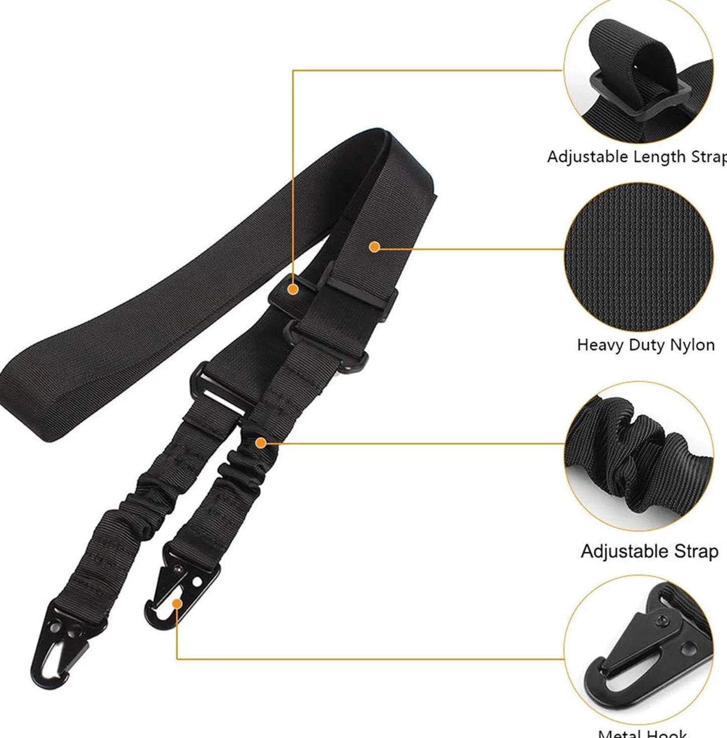 Correa Ajustable Negra Airsoft para Rifle + Enganche Táctico Point Sling 2 Puntos Multiusos Armas Cuerda Paintball Cinta de Sujeción Paracord Sistema Elastico Caza y Deportes Aire Libre