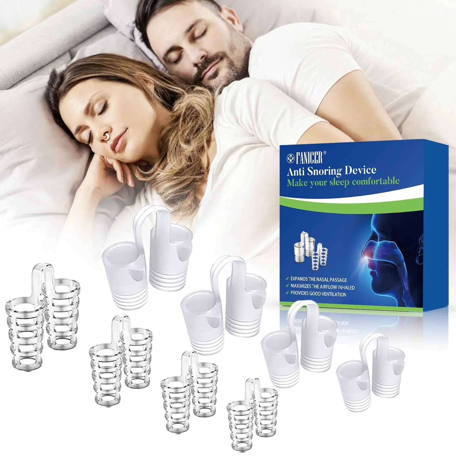Anti Ronquidos Dilatador Nasal Reutilizables Clip Nasal Silicona Dispositivo de Noche 8 Piezas