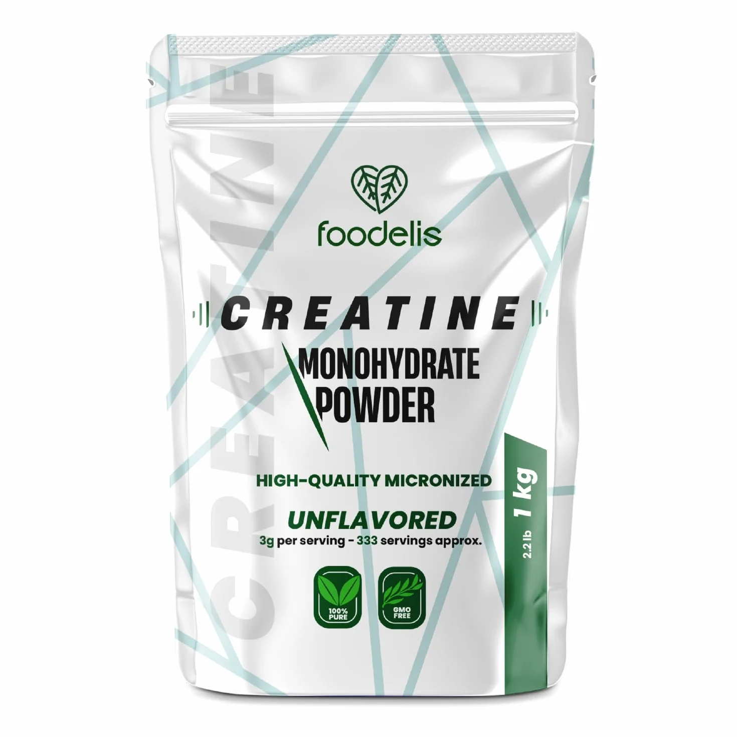 Foodelis Creatina Monohidratada en Polvo 1 kg 333 Dosis - Creatina Monohidrato Micronizada Sin Sabor