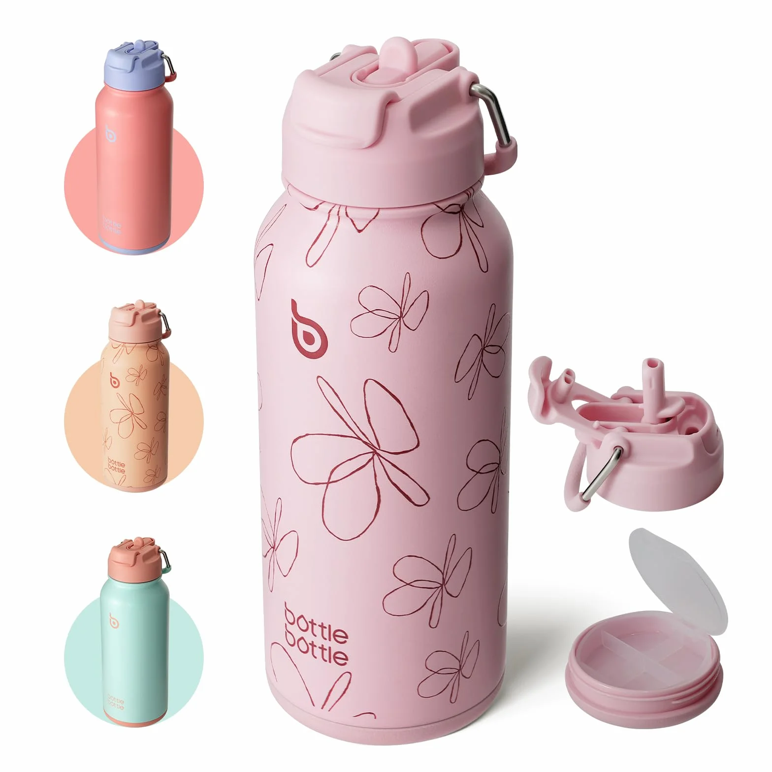 BOTTLE BOTTLE Botella isotérmica con pastillero, 900 ml, botella deportiva de acero inoxidable para exteriores, senderismo, flor rosa