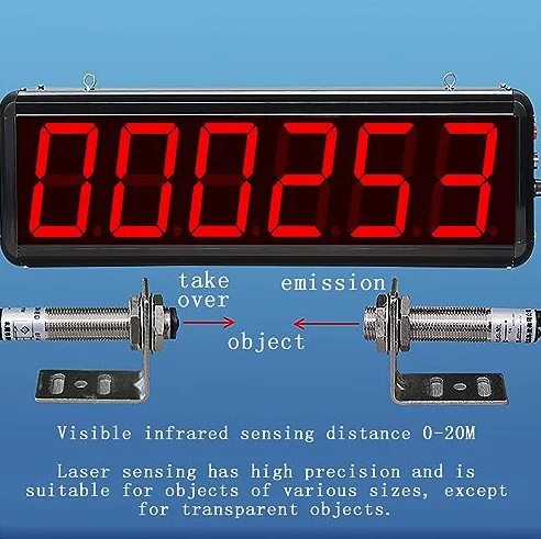 Contador con sensor láser, contador de pantalla de 6 dígitos, pantalla digital LED para cintas transportadoras, líneas de producción, conteo de hasta 999999 personas, contador de visitantes. ( 3inch)