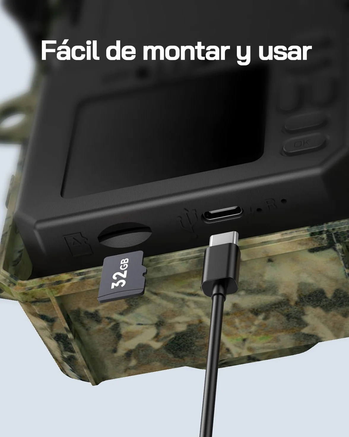 WOLFANG Cámara de Caza Solar 4K 48MP, Camara Fototrampeo con Visión Nocturna, Disparo de 0.1 s, IP66 Impermeable, Camara Caza para Monitoreo de Vida Silvestre con Tarjeta Micro SD 32GB