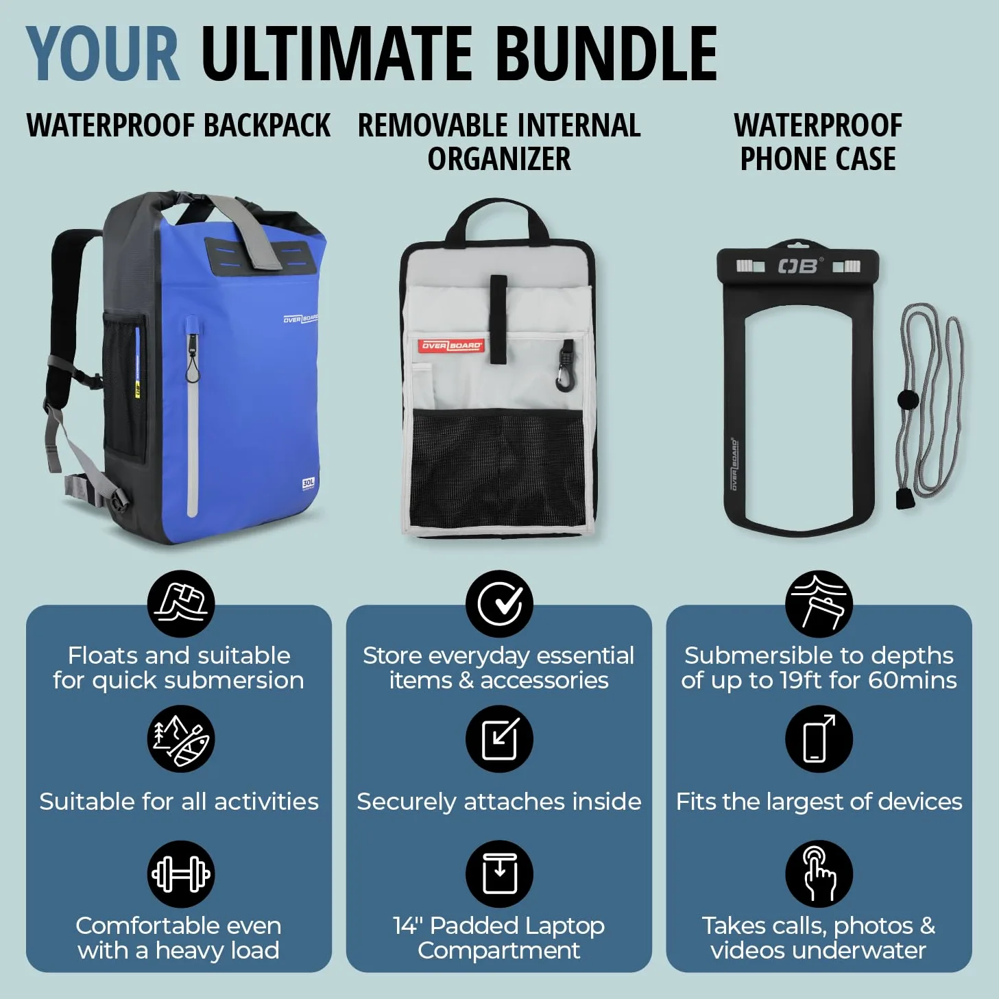 Overboard Mochila impermeable azul de 45 litros | Bolsa seca flotante enrollable para kayak, playa, canotaje, senderismo, pesca, rafting | Incluye funda impermeable para teléfono y organizador de