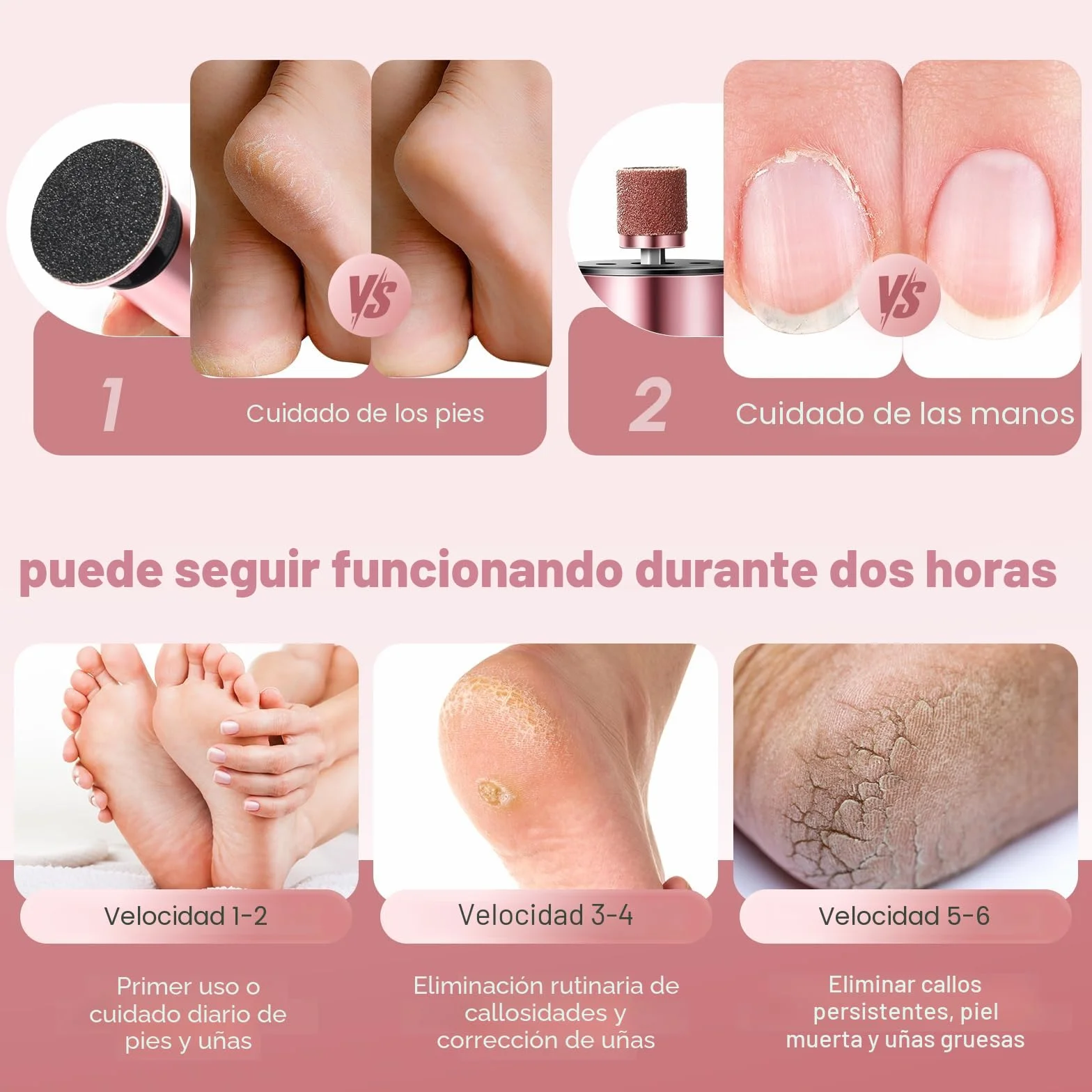 Lima Electrica Recargable para Pies Durezas, 6 Velocidades, Hojas Reemplazables Papel Abrasivo, Oro Rosa