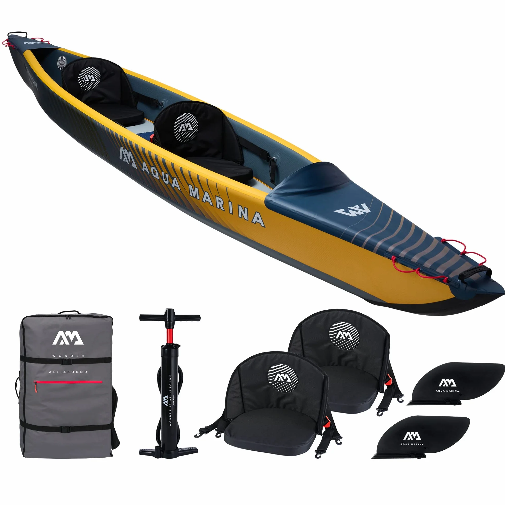 Aqua Marina Tomahawk Air-K Kayak Inflable de Alta presión para 2 Personas, 440 cm de Longitud, Marino/Amarillo