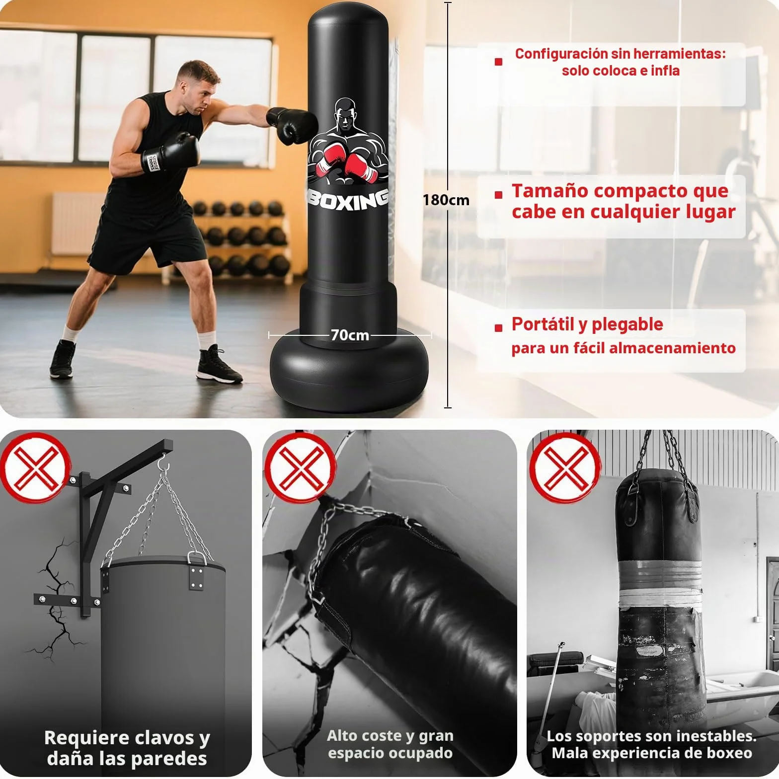 Qoosea Saco de Boxeo Adulto, 180cm Bolsa de Boxeo Inflable de Pie con Guantes, Mujeres Hombres Stand Kickboxing Bolsas, Punching Ball Estable para Karate MMA Taekwondo Thai Fitness