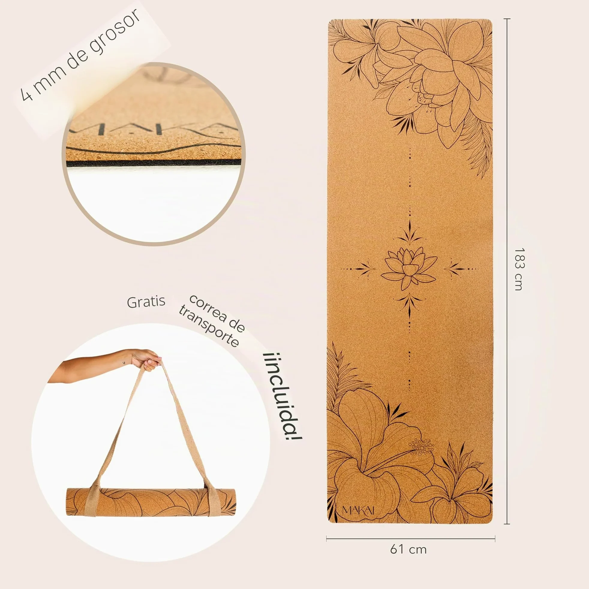 MAKAI Esterilla de yoga de corcho | Ecológica 100% corcho natural y goma | Esterilla antideslizante premium de 4 mm | Incluye correa de transporte de cáñamo | Esterilla de ejercicio y pilates para el