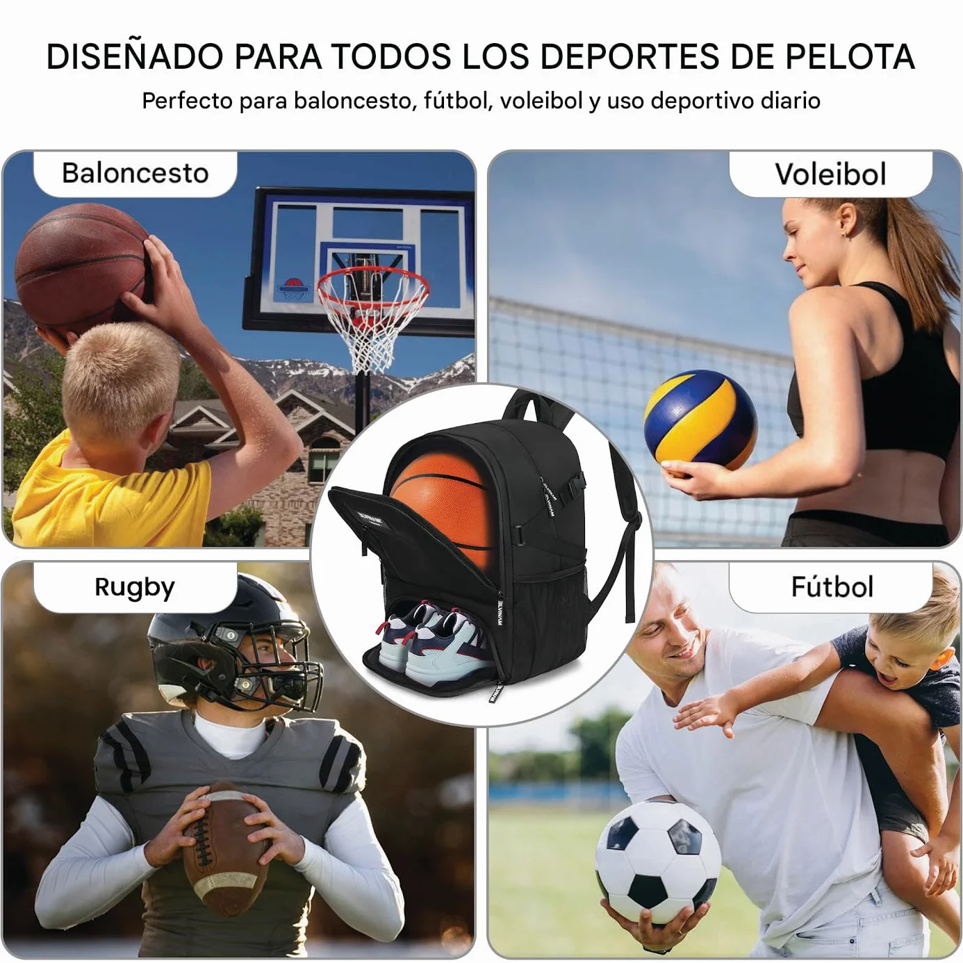 Mochila Baloncesto Impermeable Grande con Compartimento para Balón y Zapatillas