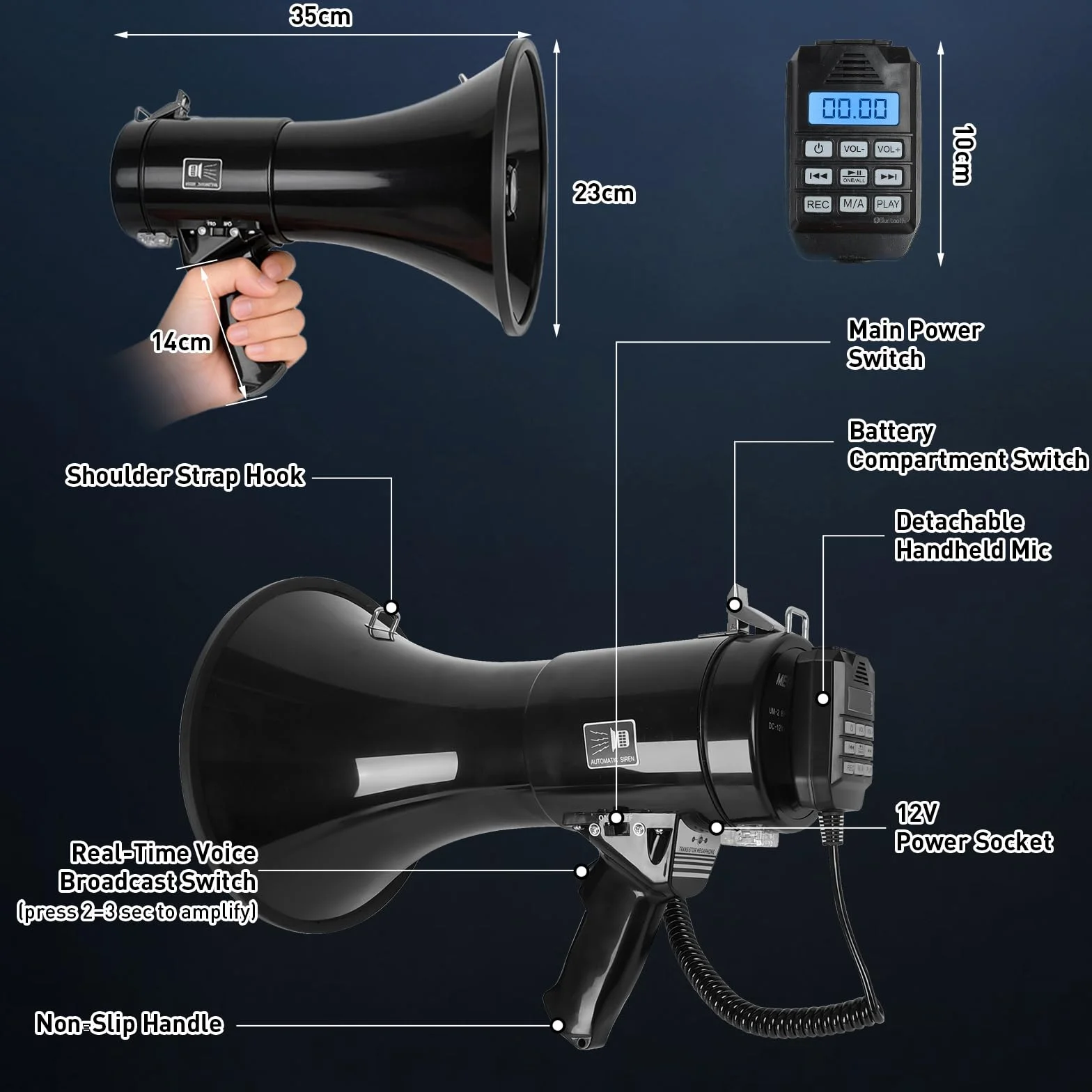 JAOGAUS Megáfono 100W con Bluetooth, Grabación, Sirena, Micrófono Externo, USB, Doble Alimentación