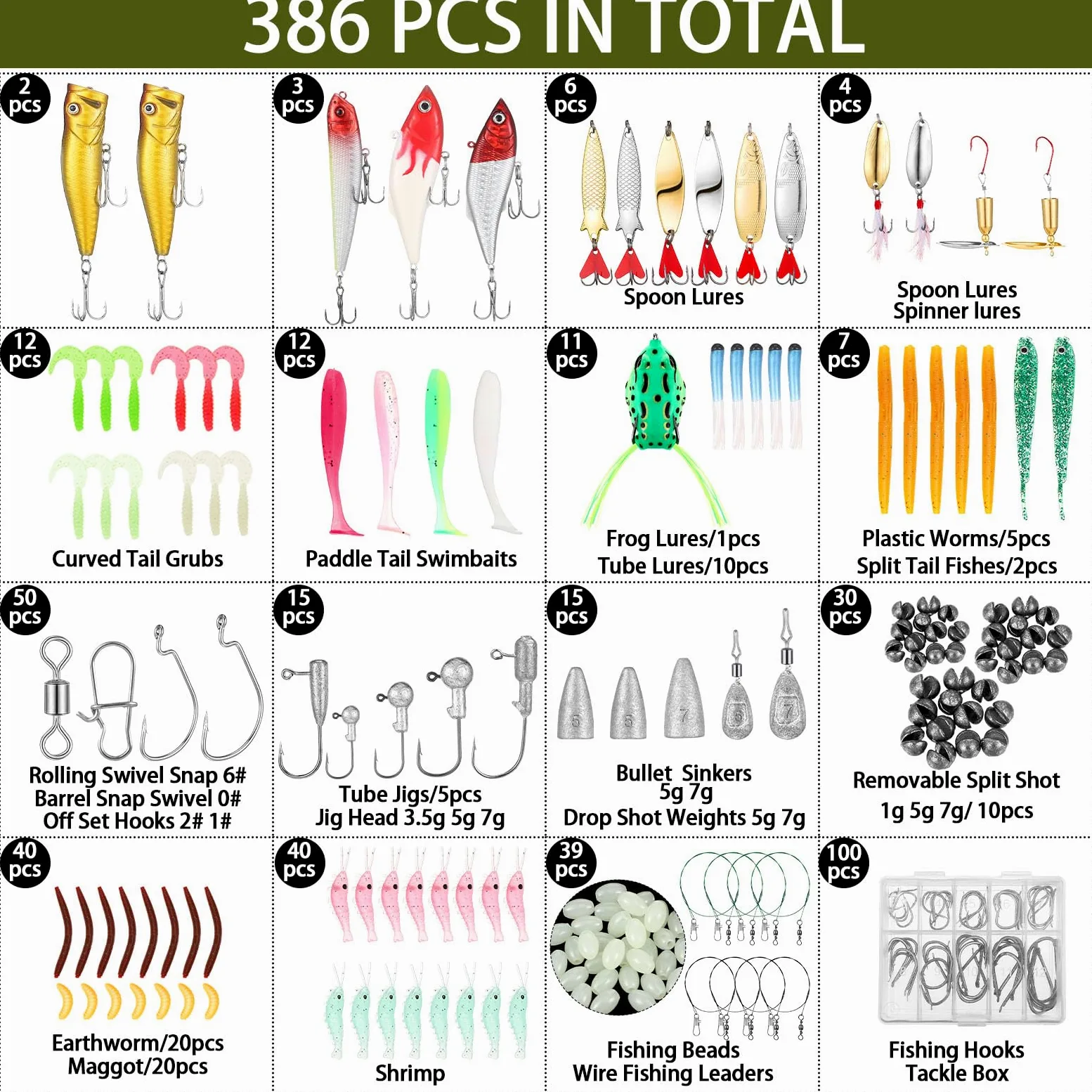 Gemscream Kit de herramientas de pesca de 393 piezas, caja de aparejos con aparejos incluidos, señuelos de pesca, alicates, equipo y equipo de aparejos de cebo, kit de equipo de señuelo, herramienta