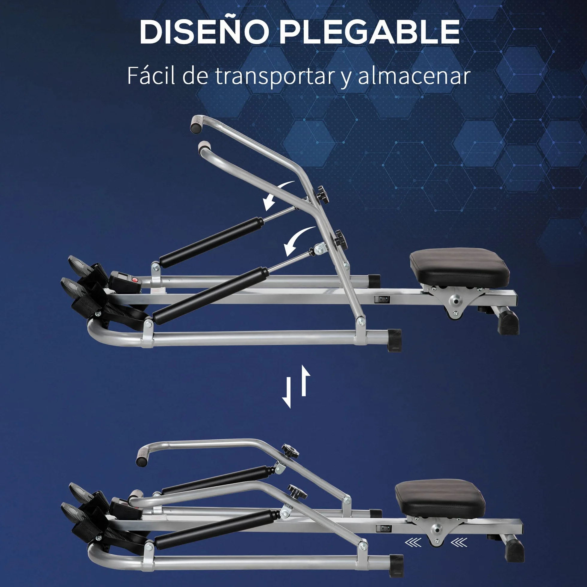 HOMCOM Máquina de Remo Hidráulico Plegable con 3 Niveles de Resistencia Monitor Digital y Pedal Antideslizante para Fitness en Casa Acero 129x70x70 cm Negro y Plata