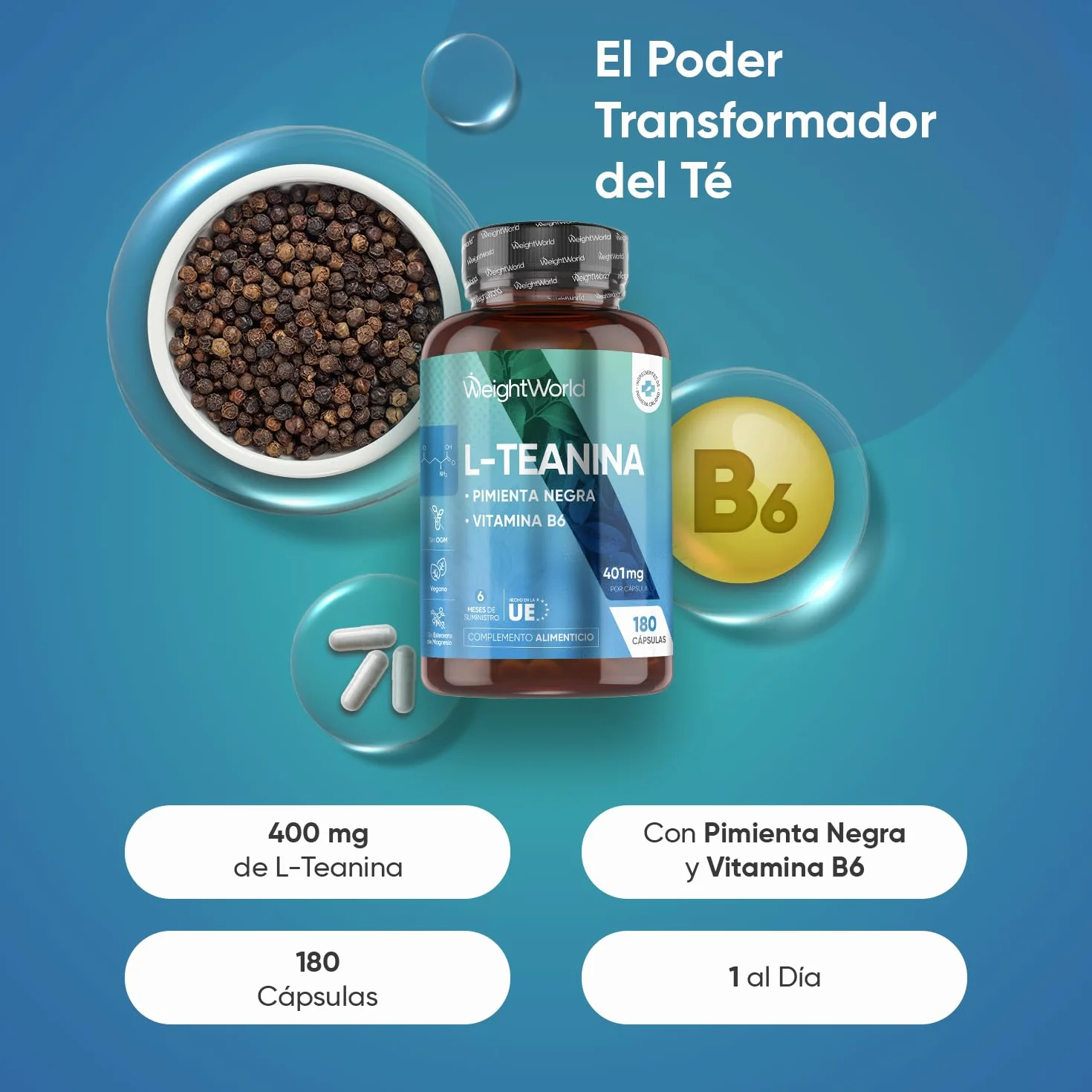 L Teanina 400mg con Vitamina B6 y Pimienta Negra - 180 Cápsulas Veganas de Té Verde y Negro