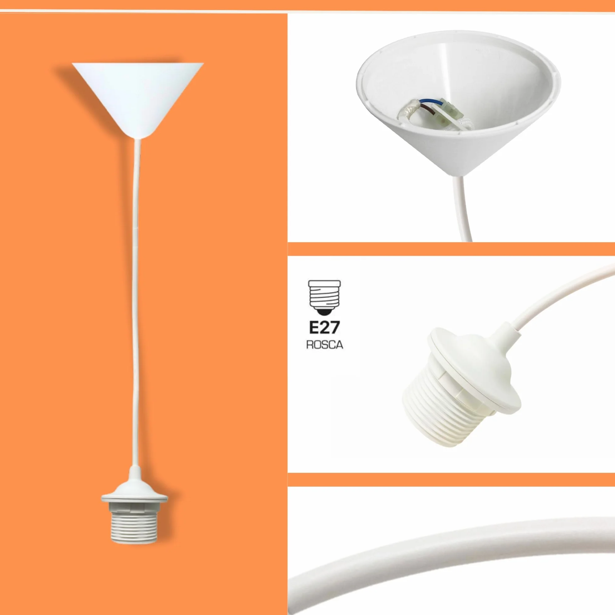 Lámpara Colgante Blanca de Plástico E27 con Cable PVC 80 cm Flexible